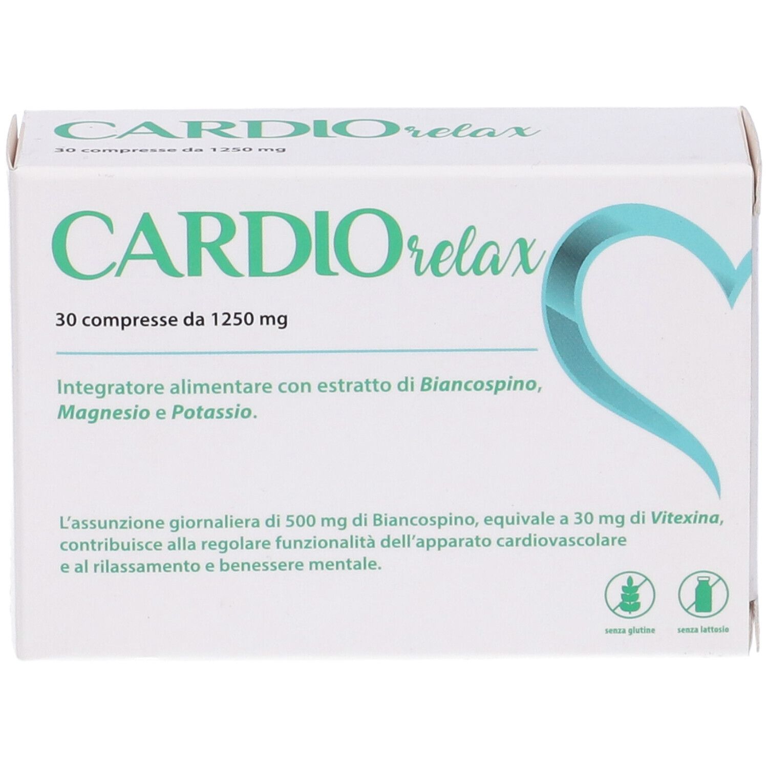 Scatola "Cardio Relax" con 30 compresse. Contiene biancospino, magnesio e potassio. Senza glutine e lattosio.