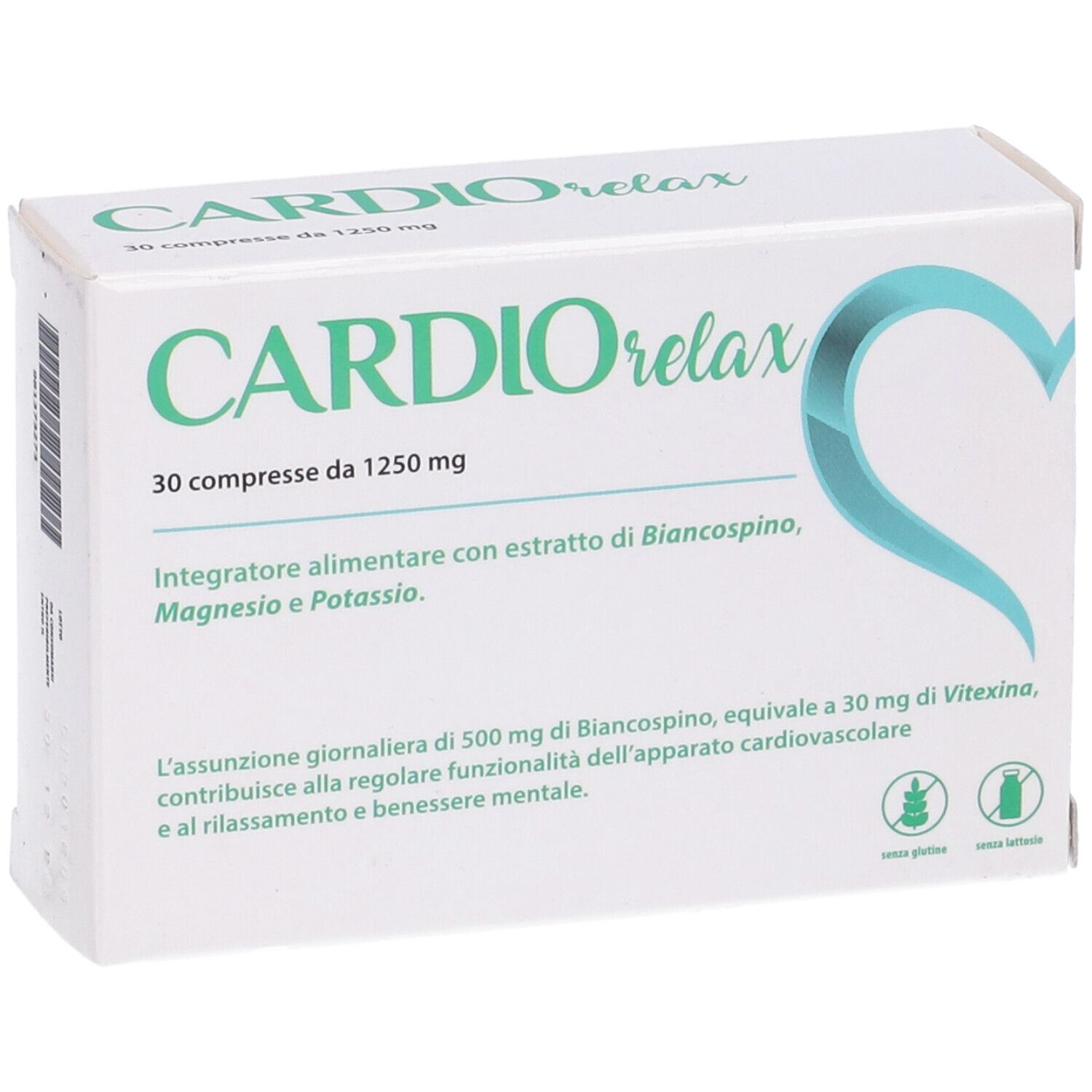 Scatola "Cardio Relax" con 30 compresse. Contiene biancospino, magnesio e potassio. Senza glutine e lattosio.