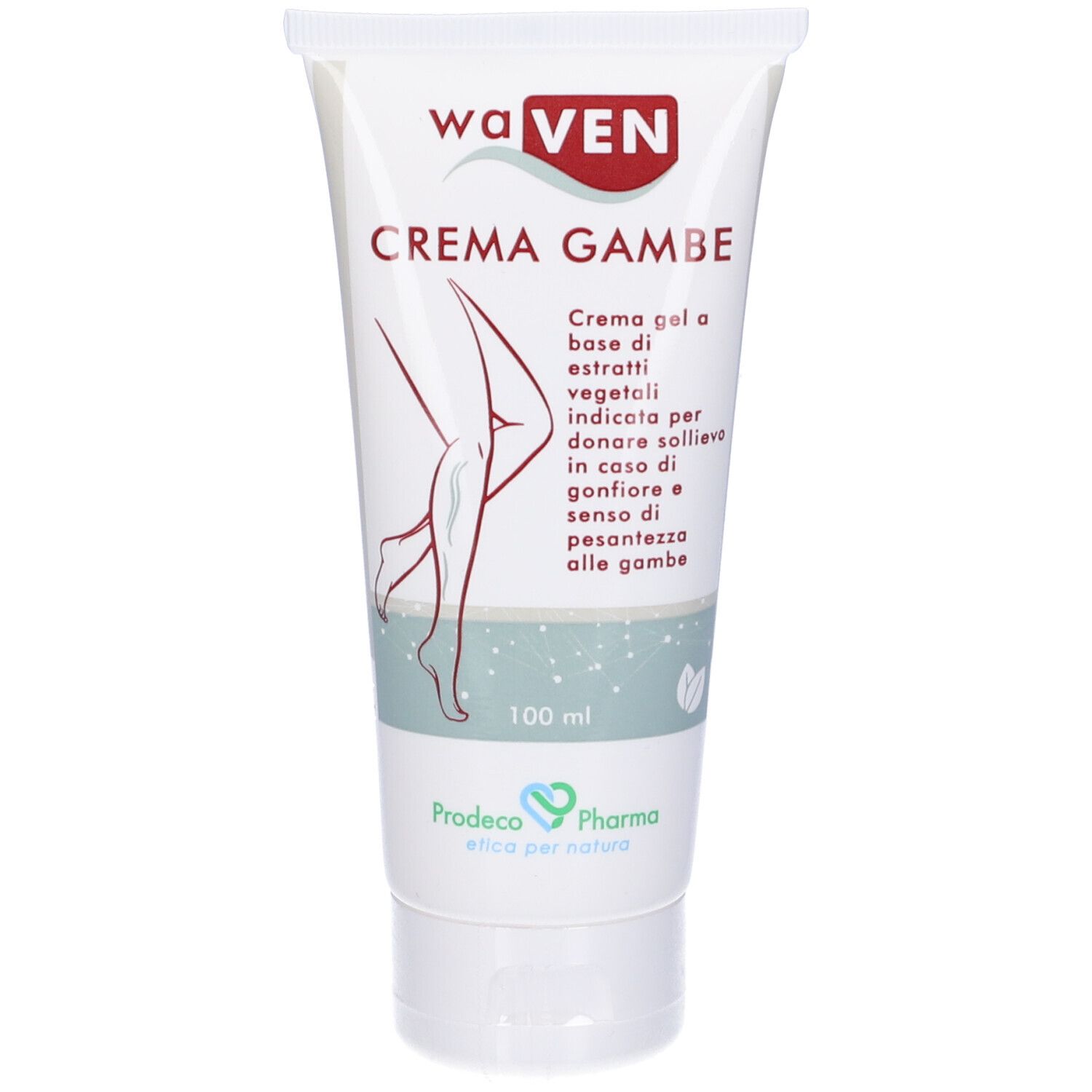 Weiße Tube mit Produktaufdruck. Aufschrift: CREMA GAMBE. Illustration von Beinen. Logo.