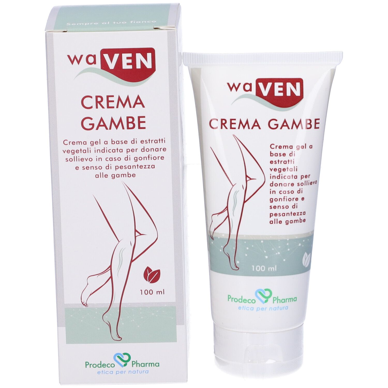Produktverpackung: Tube und Karton. Aufschrift: CREMA GAMBE. Illustration von Beinen. Logo.