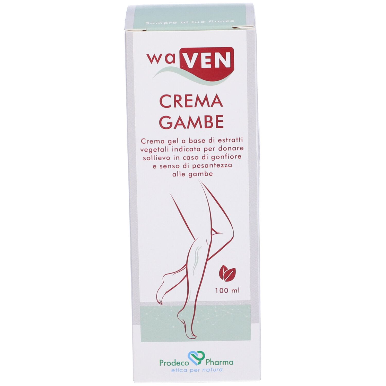 Weißer Karton mit Produktaufdruck. Aufschrift: CREMA GAMBE. Illustration von Beinen. Logo.