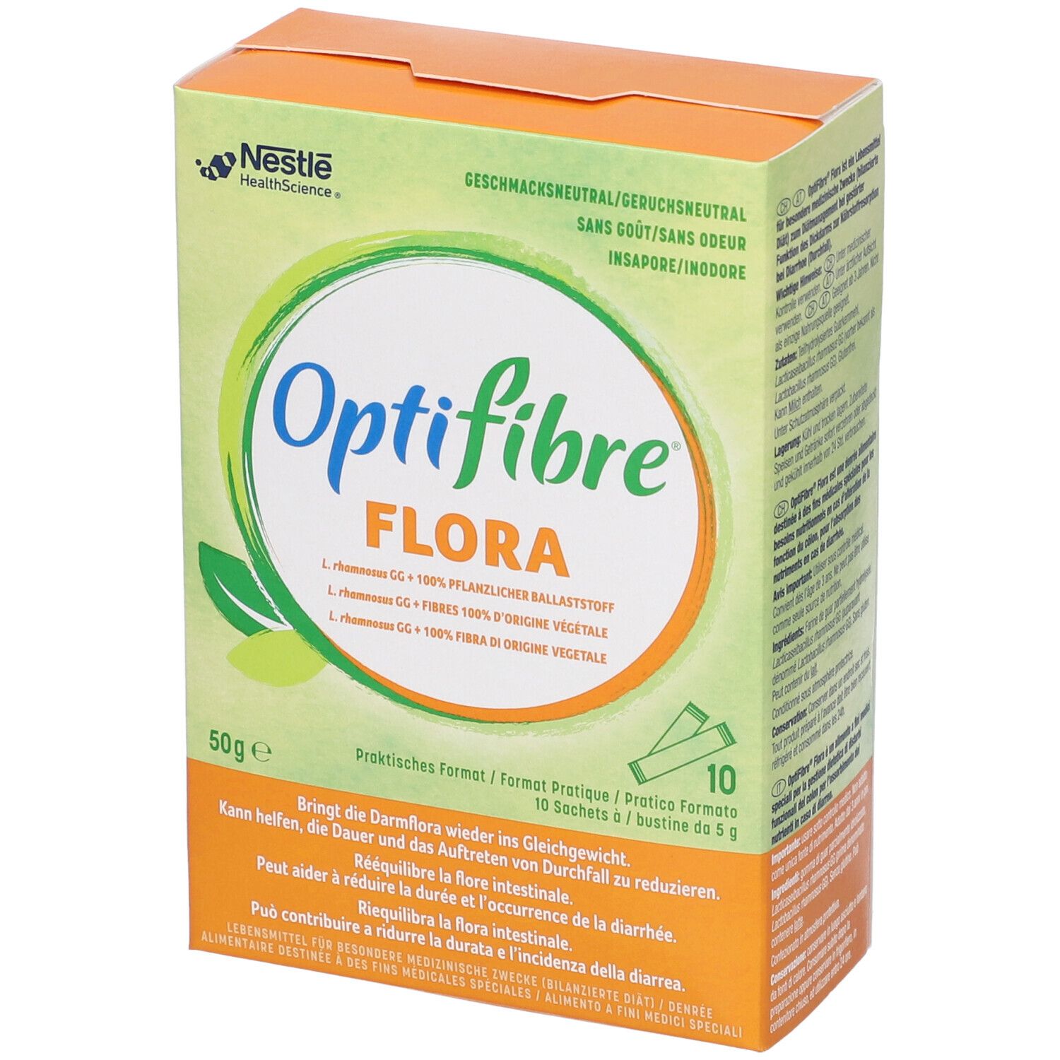 Confezione OptiFibre Flora. 10 bustine da 5g. Logo Nestle HealthScience. Testo: Insapore/inodore. L. rhamnosus GG, 100% fibre vegetali.