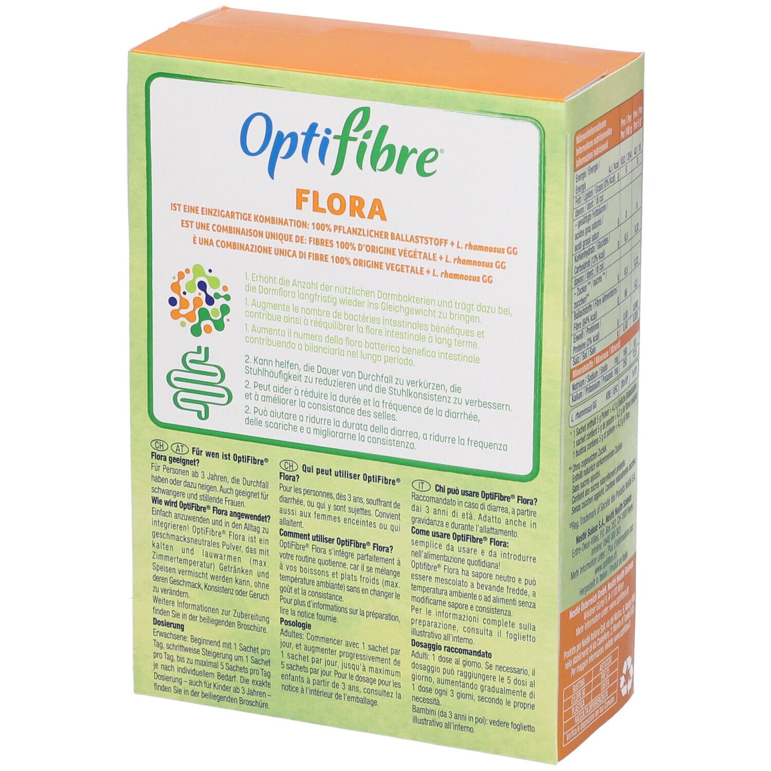 Confezione OptiFibre Flora. Retro con testo e illustrazioni. Informazioni sull'uso e ingredienti. Logo Nestle HealthScience.