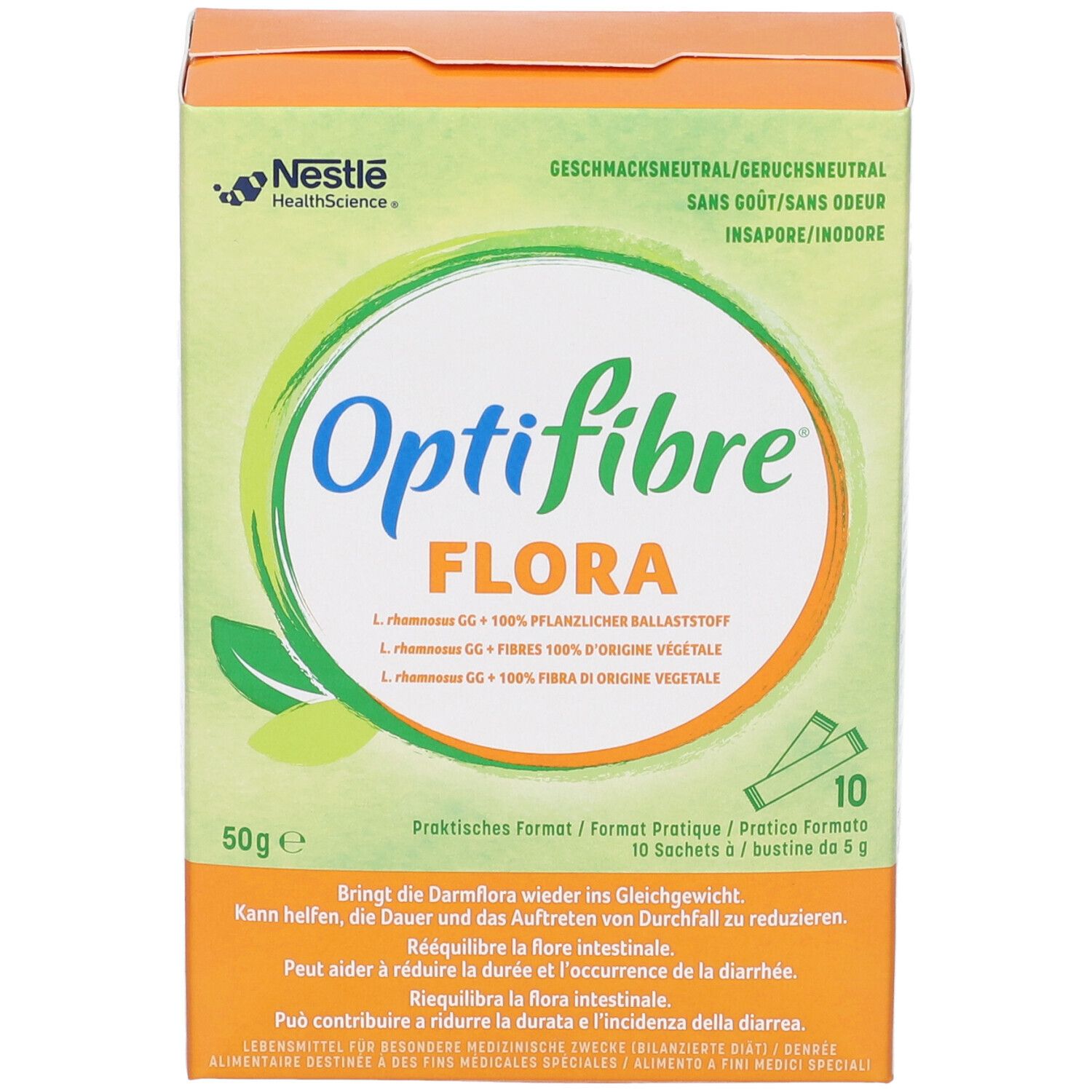 Confezione OptiFibre Flora. 10 bustine da 5g. Logo Nestle HealthScience. Testo: Insapore/inodore. L. rhamnosus GG, 100% fibre vegetali.