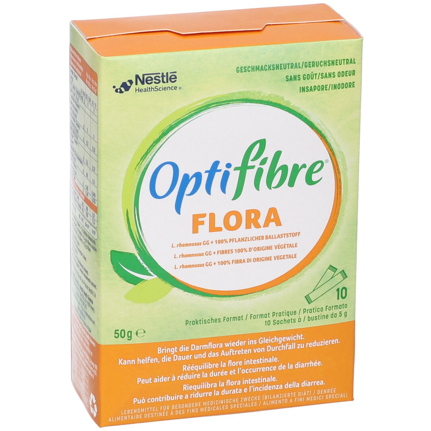 Confezione OptiFibre Flora. 10 bustine da 5g. Logo Nestle HealthScience. Testo: Insapore/inodore. L. rhamnosus GG, 100% fibre vegetali.