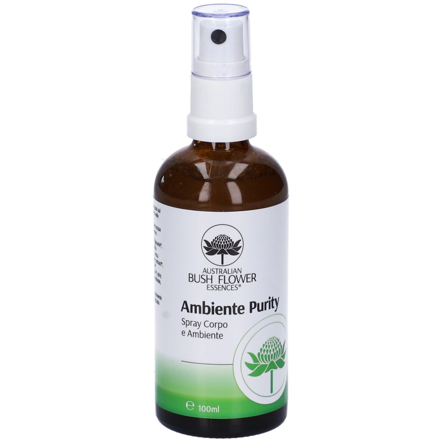 Flacone di vetro marrone con vaporizzatore. Etichetta con logo e testo: Ambiente Purity. Accenti verdi e bianchi.