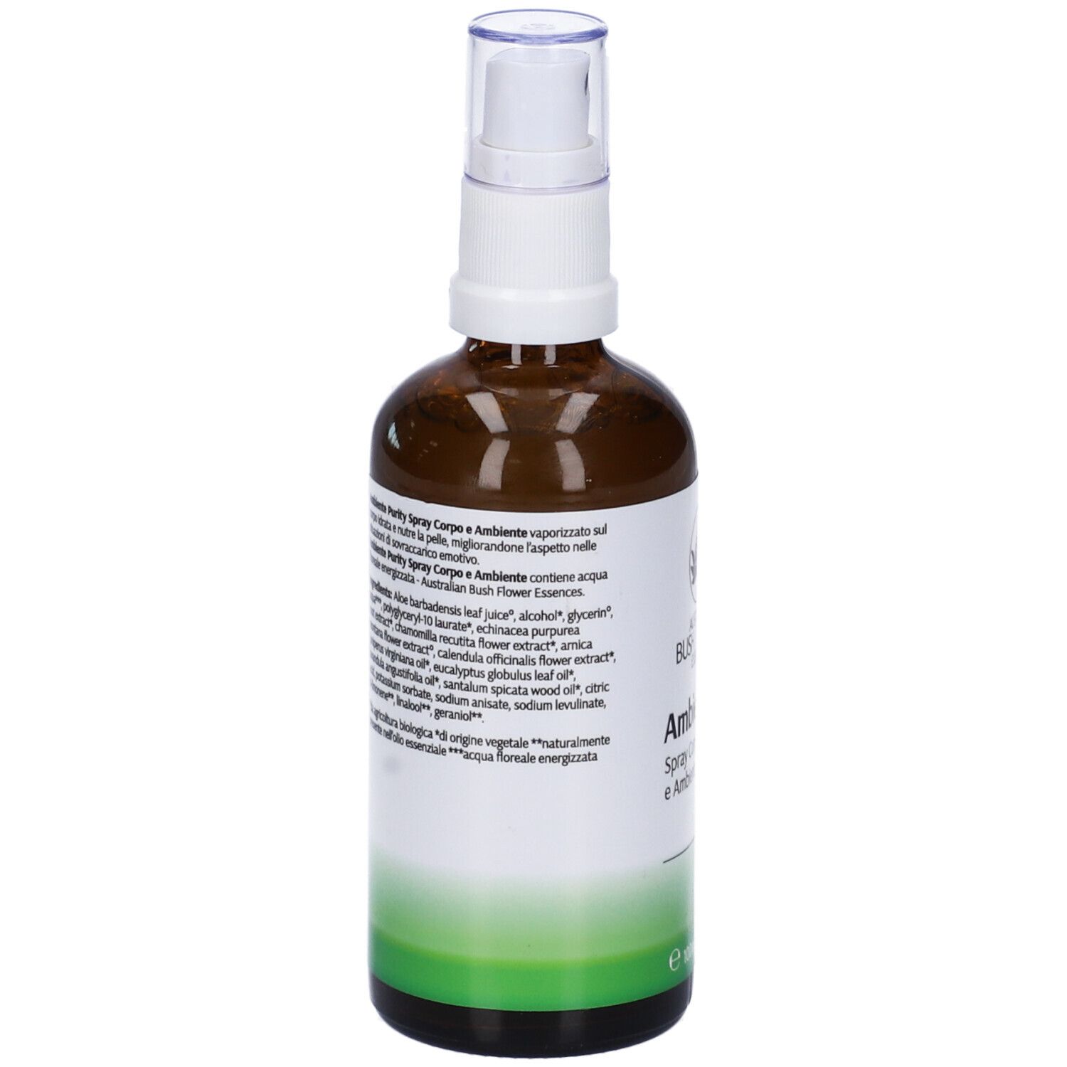 Flacone di vetro marrone con vaporizzatore. Etichetta con logo e testo: Ambiente Purity. Accenti verdi e bianchi.