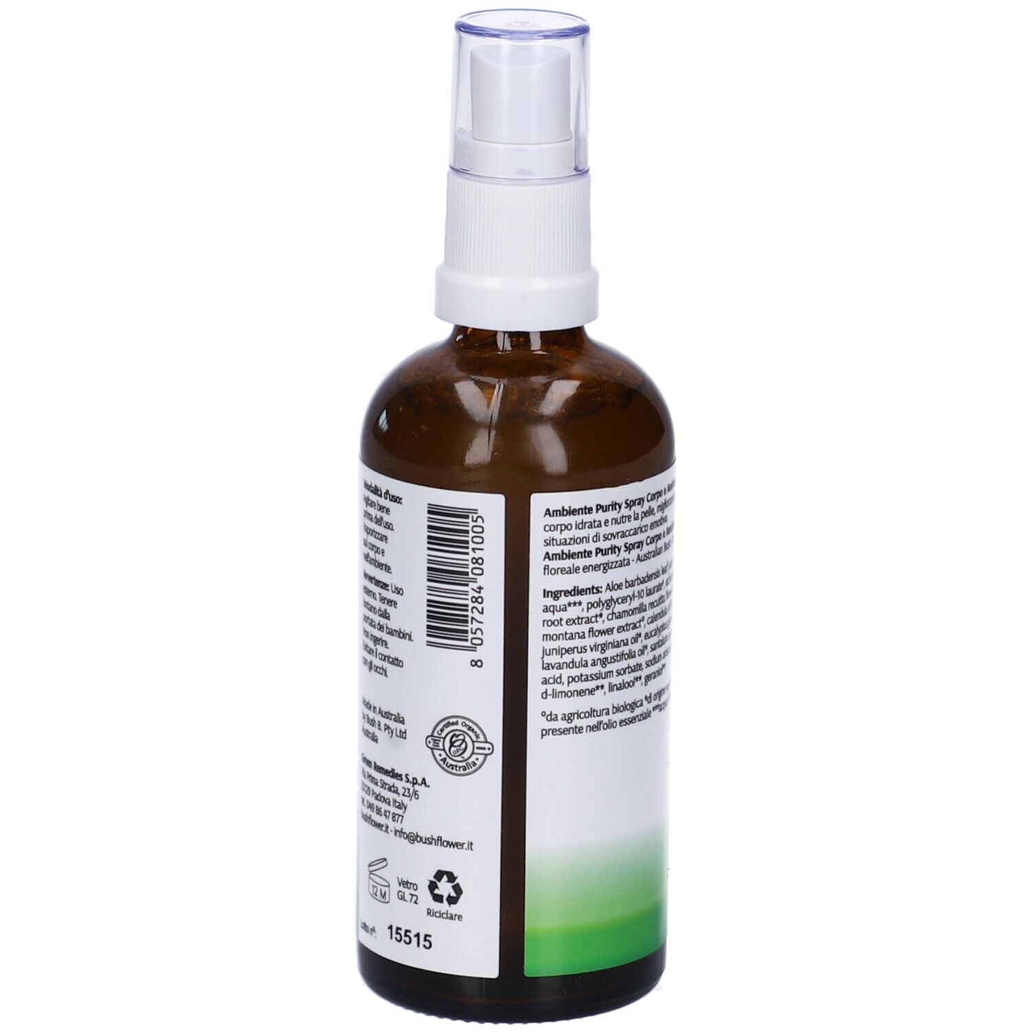 Flacone di vetro marrone con vaporizzatore. Etichetta con logo e testo: Ambiente Purity. Accenti verdi e bianchi.