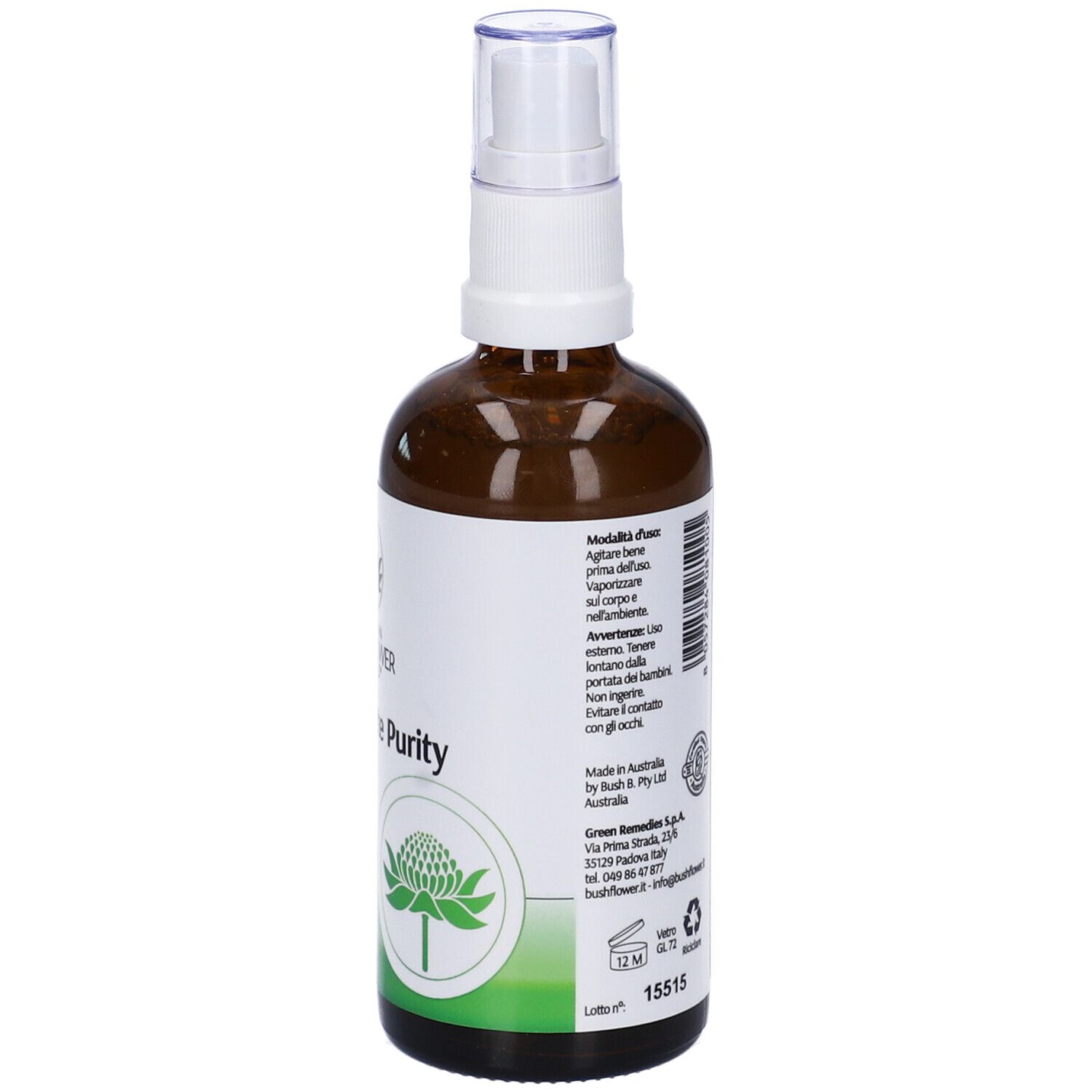 Flacone di vetro marrone con vaporizzatore. Etichetta con logo e testo: Ambiente Purity. Accenti verdi e bianchi.