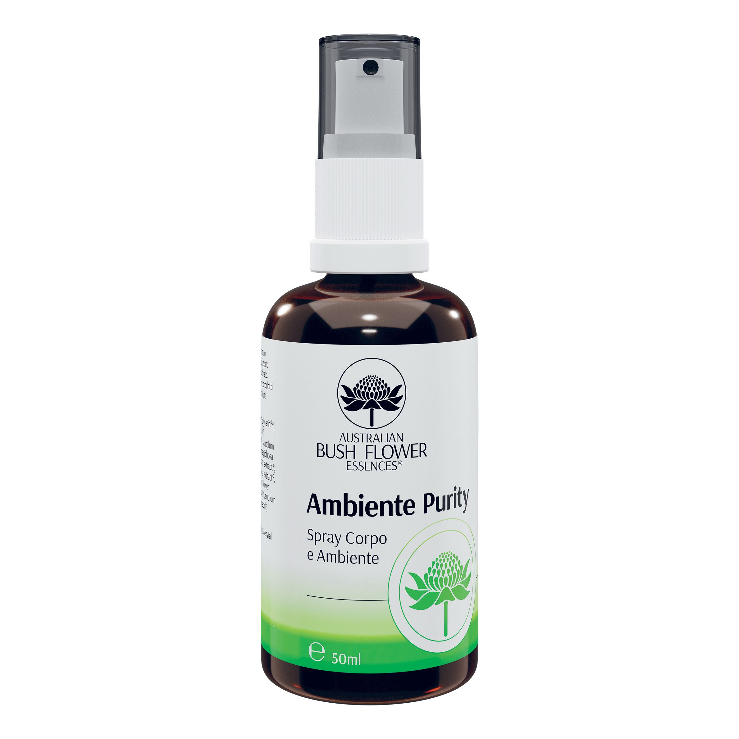 Flacone di vetro marrone con vaporizzatore bianco. Scritta: Australian Bush Flower Essences, Ambiente Purity, Spray Corpo e Ambiente.