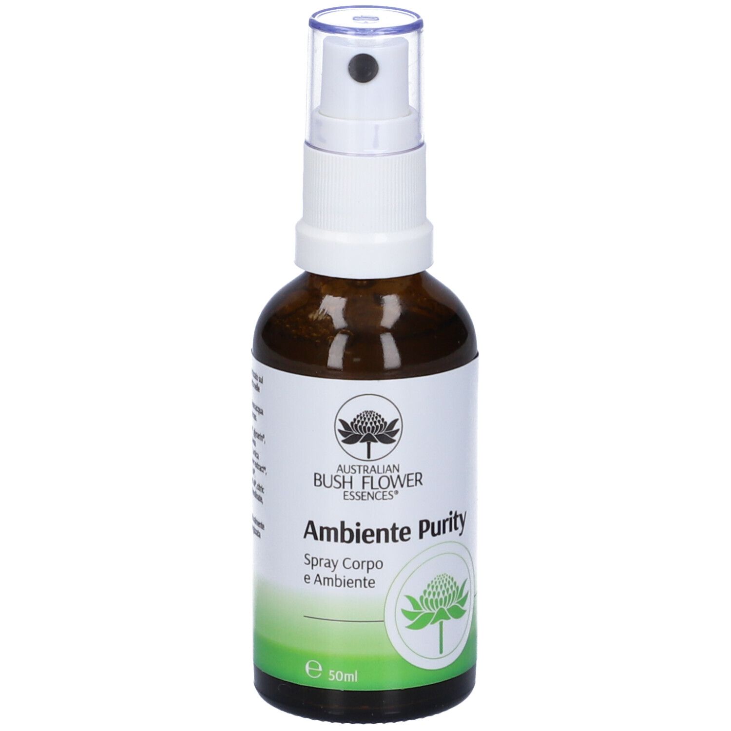 Flacone di vetro marrone con vaporizzatore bianco. Scritta: Australian Bush Flower Essences, Ambiente Purity, Spray Corpo e Ambiente.