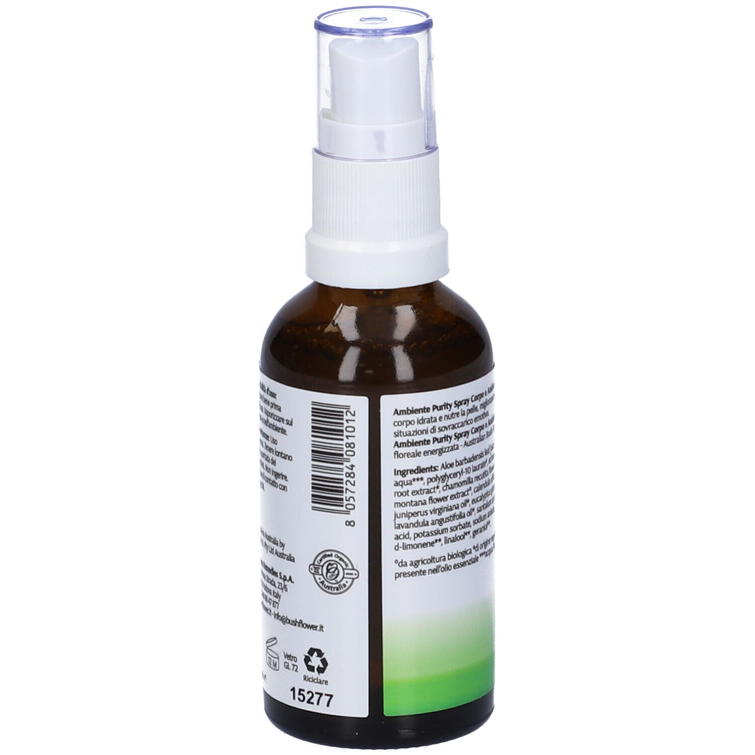 Flacone di vetro marrone con vaporizzatore bianco. Scritta: Australian Bush Flower Essences, Ambiente Purity, Spray Corpo e Ambiente. Testo sul retro.