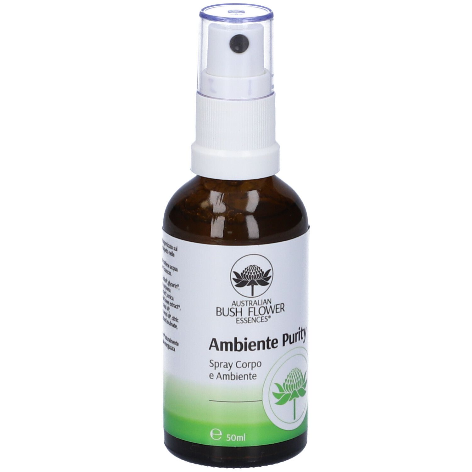 Flacone di vetro marrone con vaporizzatore bianco. Scritta: Australian Bush Flower Essences, Ambiente Purity, Spray Corpo e Ambiente.