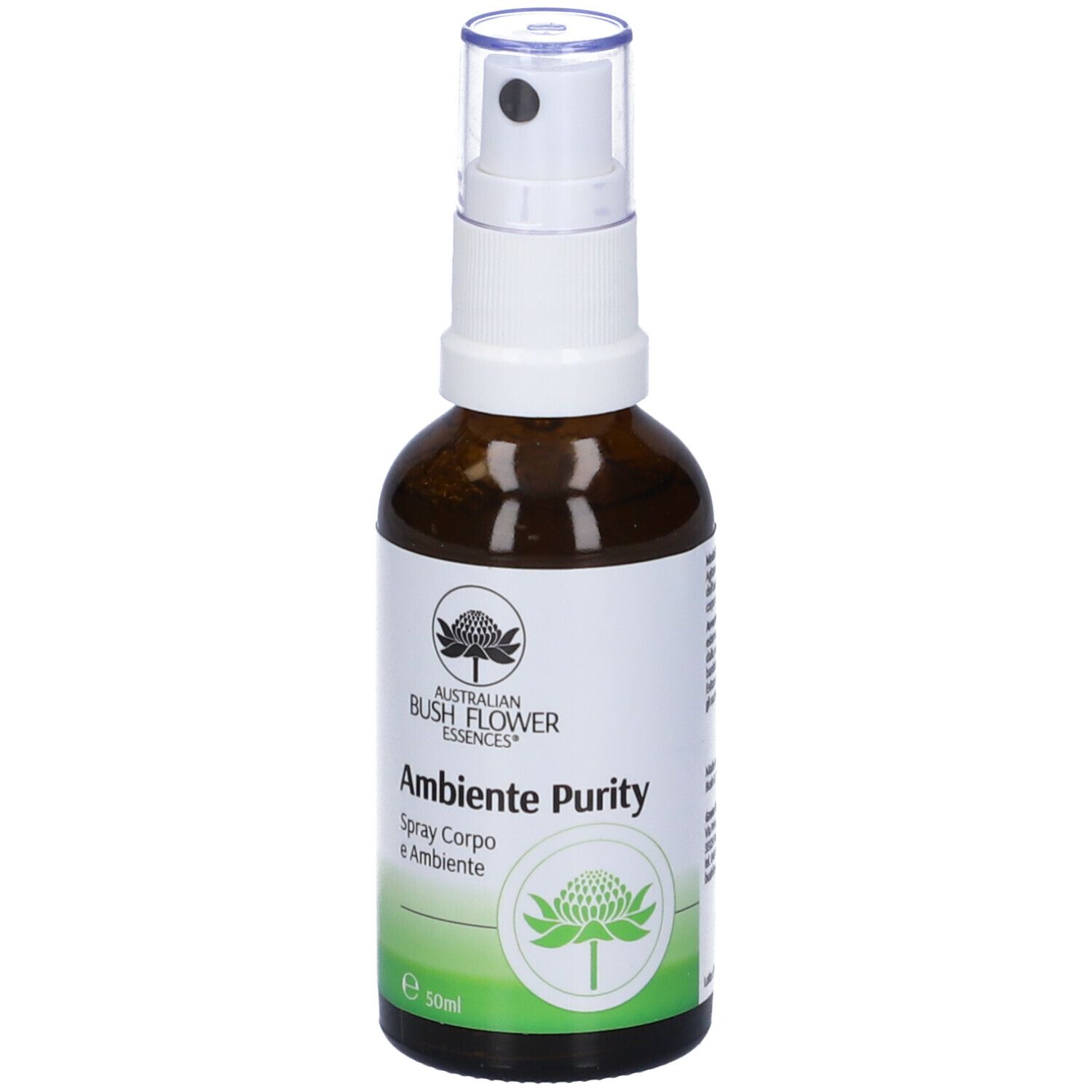 Flacone di vetro marrone con vaporizzatore bianco. Scritta: Australian Bush Flower Essences, Ambiente Purity, Spray Corpo e Ambiente.
