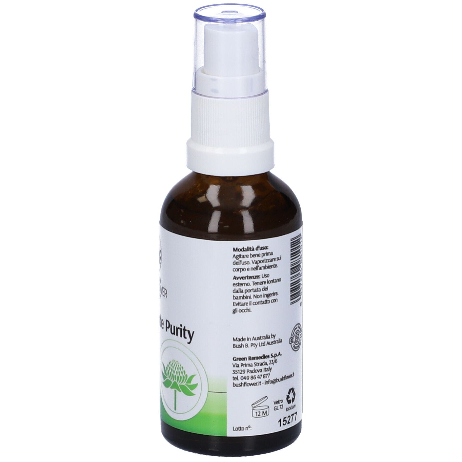 Flacone di vetro marrone con vaporizzatore bianco. Scritta: Australian Bush Flower Essences, Ambiente Purity, Spray Corpo e Ambiente. Testo sul retro.