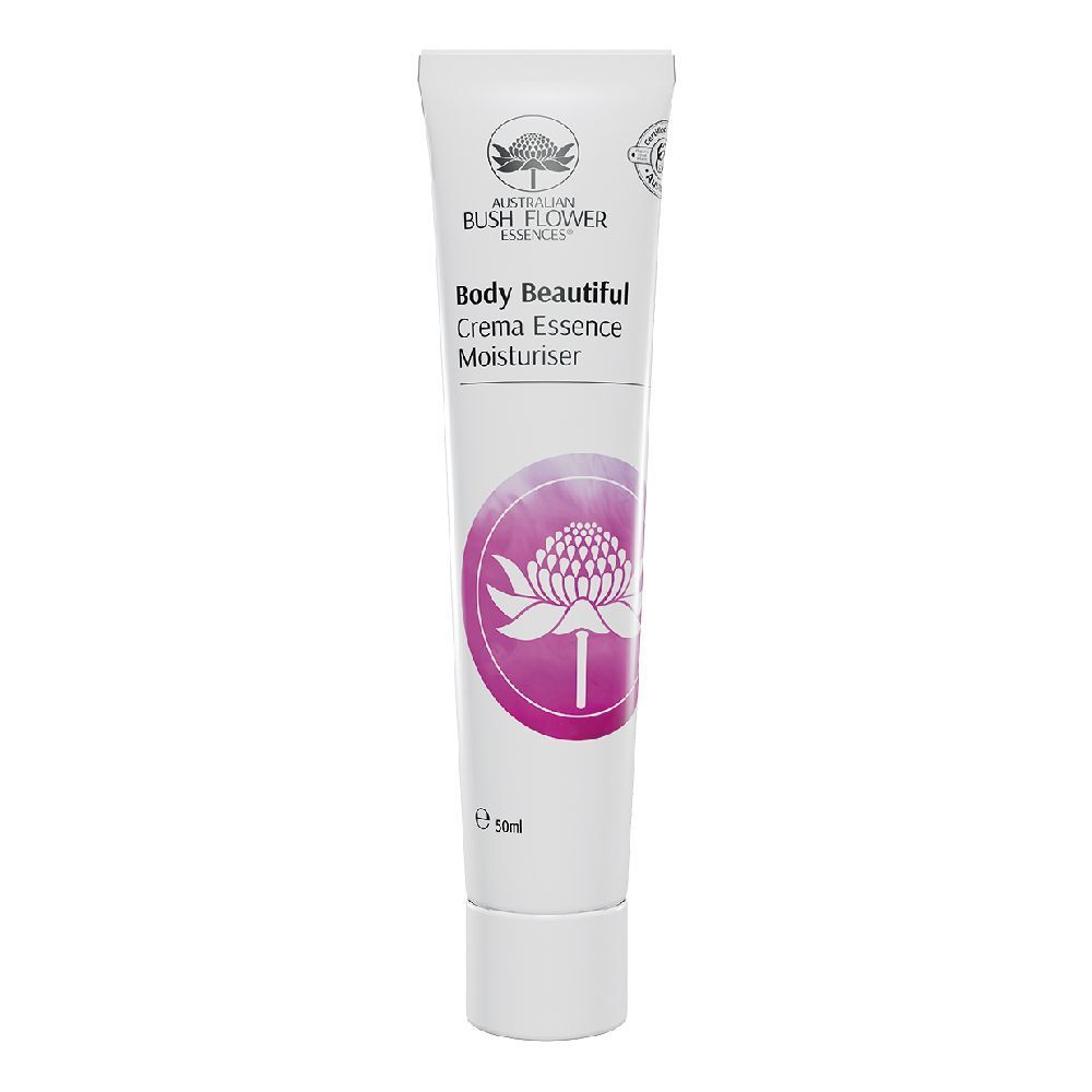 Tubo di crema con design floreale. Scritta: Body Beautiful Crema Essence Moisturiser. Marchio: Australian Bush Flower Essences.