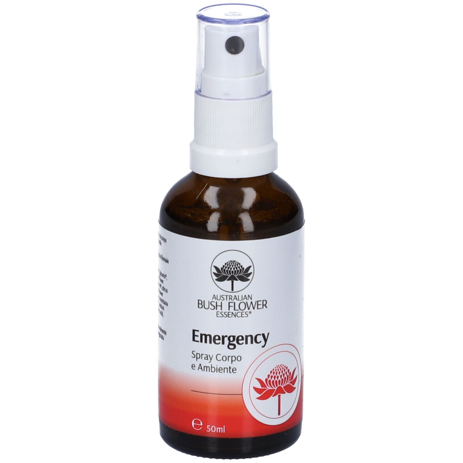 Flacone di vetro marrone con vaporizzatore bianco. Scritta: Australian Bush Flower Essences Emergency. Etichetta con cerchio rosso e fiore.
