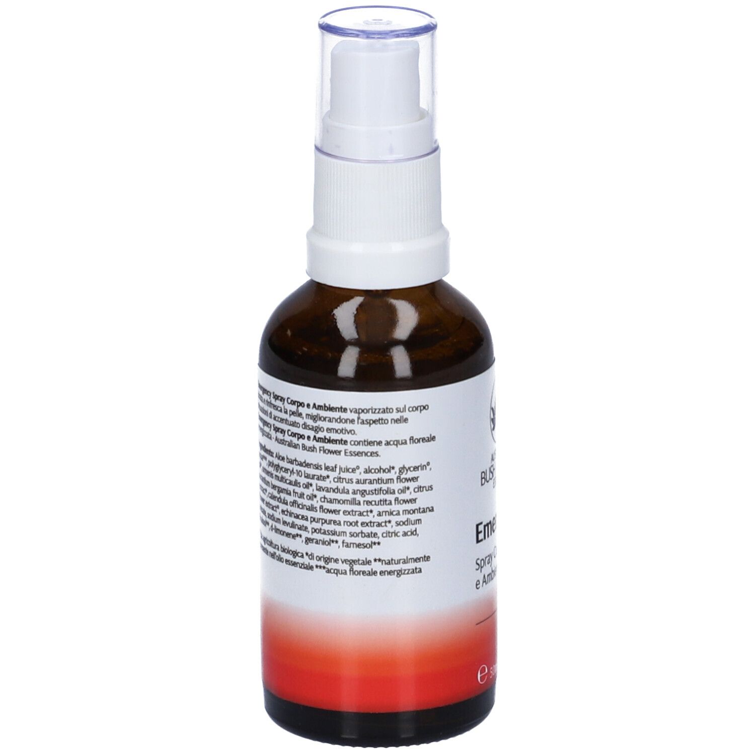 Flacone di vetro marrone con vaporizzatore bianco. Scritta: Australian Bush Flower Essences Emergency. Etichetta con ingredienti e testo.