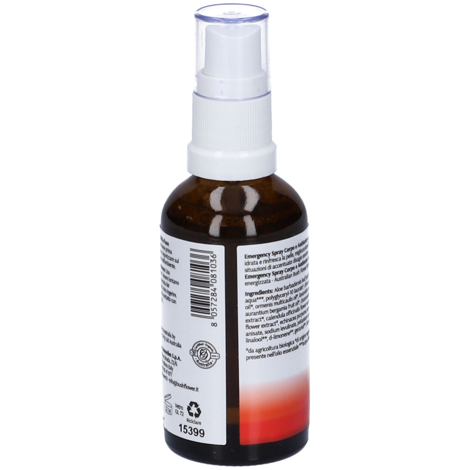 Flacone di vetro marrone con vaporizzatore bianco. Scritta: Australian Bush Flower Essences Emergency. Etichetta con codice a barre e testo.