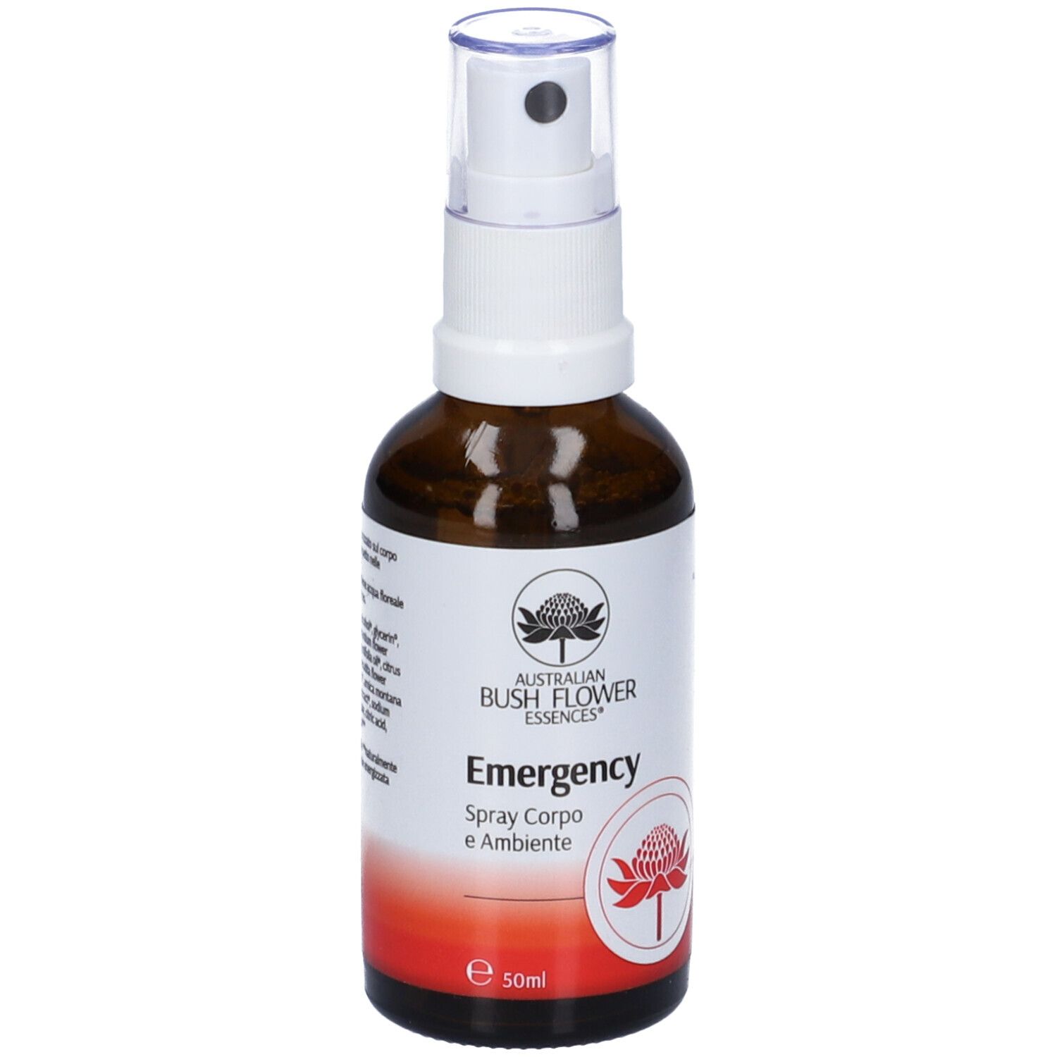 Flacone di vetro marrone con vaporizzatore bianco. Scritta: Australian Bush Flower Essences Emergency. Etichetta con cerchio rosso e fiore.