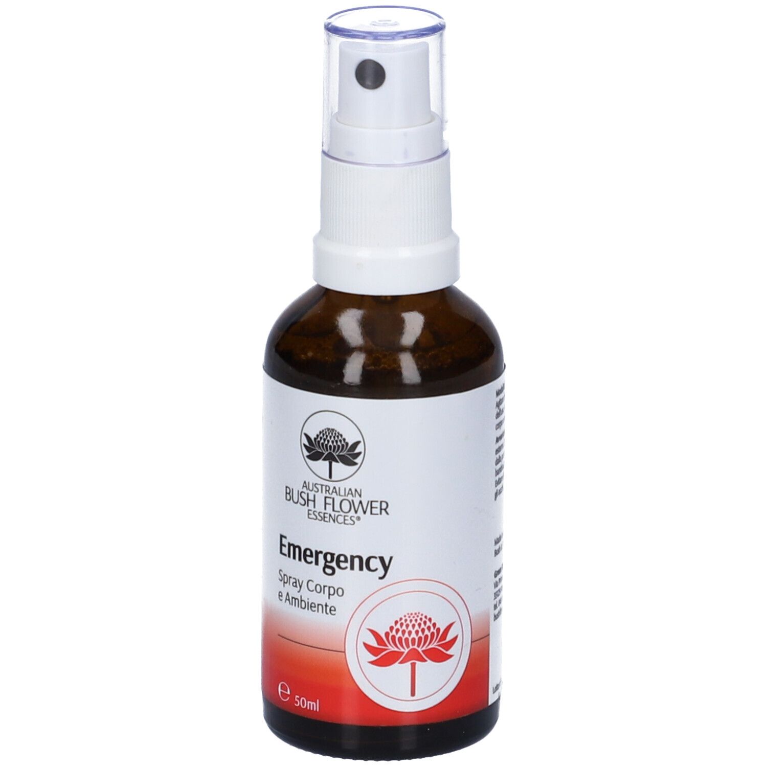 Flacone di vetro marrone con vaporizzatore bianco. Scritta: Australian Bush Flower Essences Emergency. Etichetta con cerchio rosso e fiore.