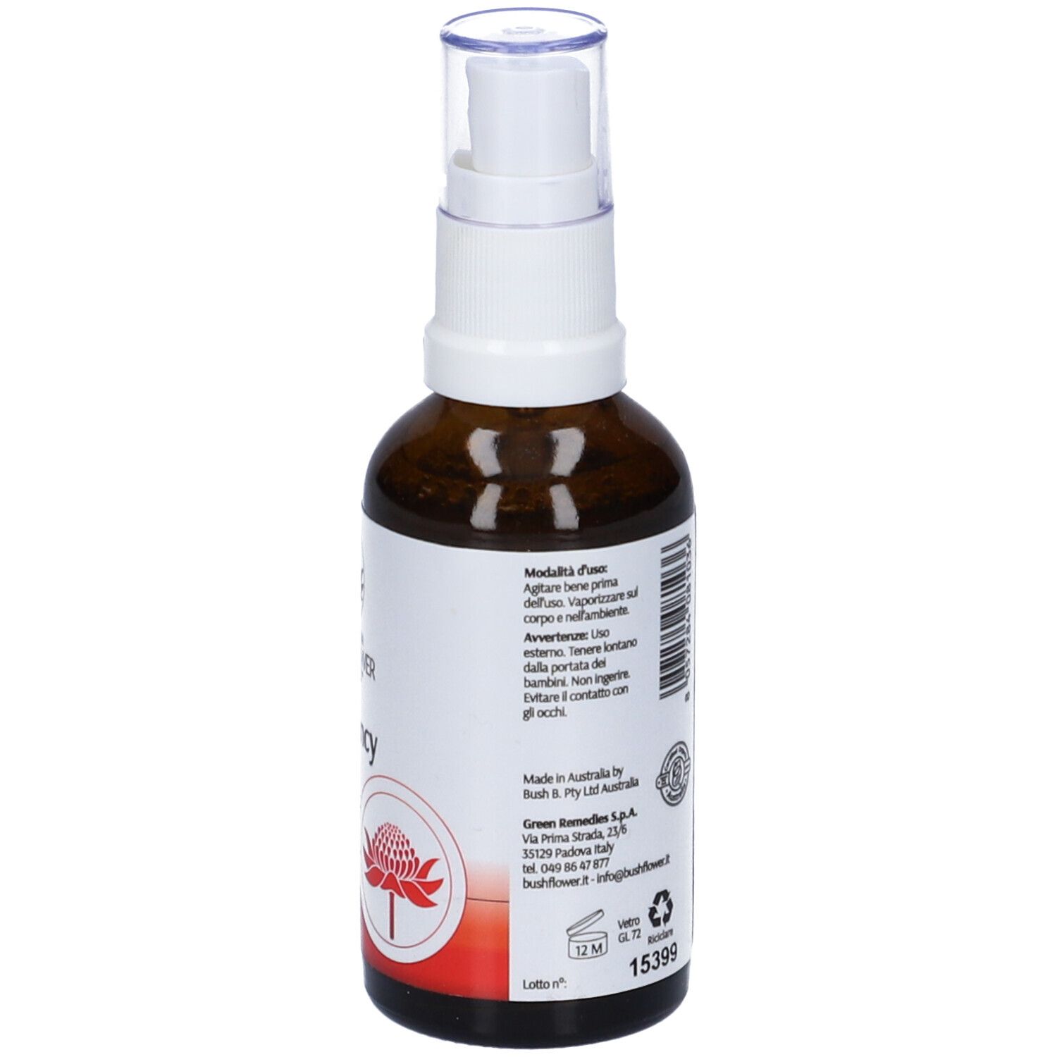 Flacone di vetro marrone con vaporizzatore bianco. Scritta: Australian Bush Flower Essences Emergency. Etichetta con testo e fiore.