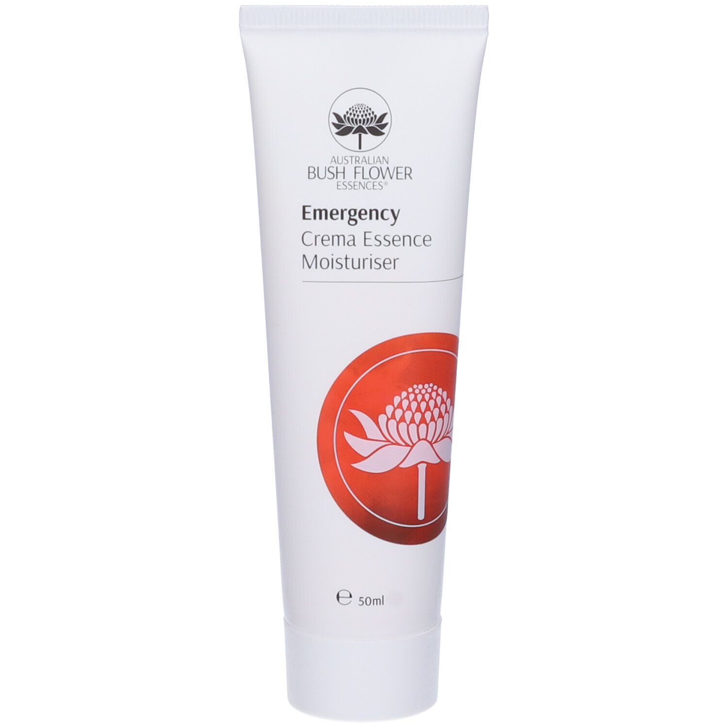 Tubo bianco con cerchio rosso e fiore. Scritta: Emergency Crema Essence Moisturiser. In basso: 50ml.