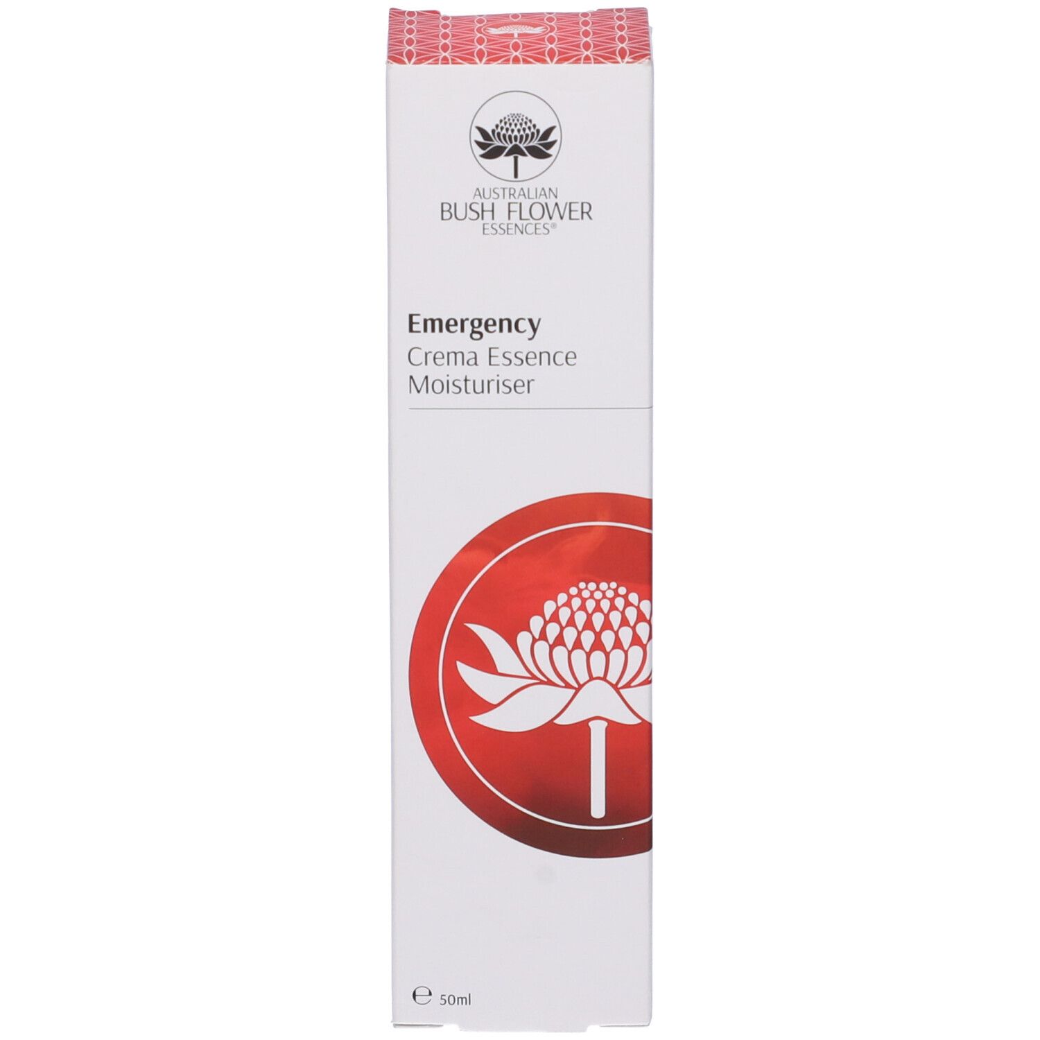 Scatola bianca con coperchio rosso. Testo: Emergency Crema Essence Moisturiser. Logo e cerchio rosso con fiore.