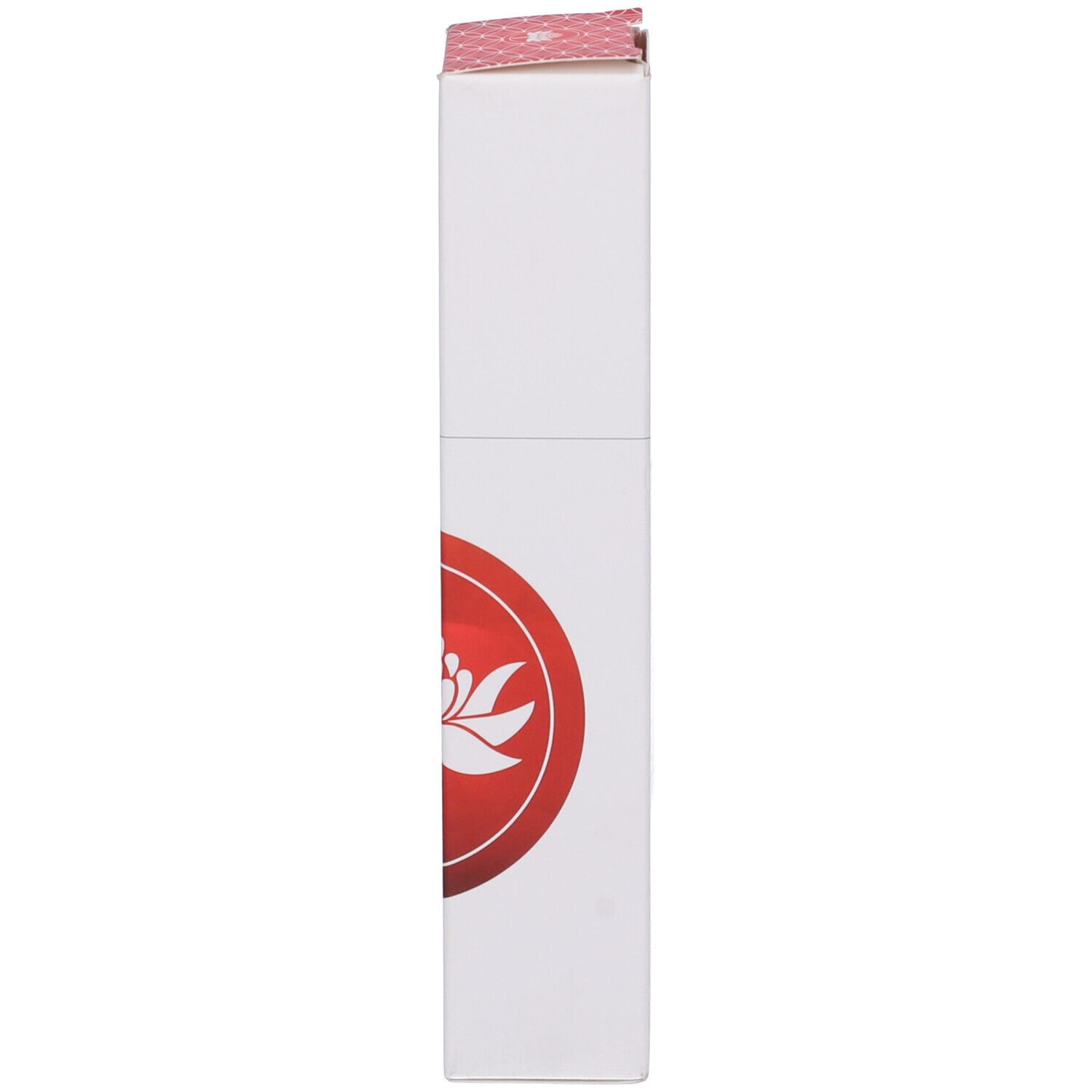 Lato della scatola. Bianco con cerchio rosso e fiore. Nessun altro dettaglio.