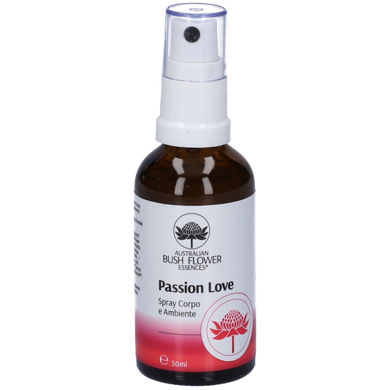 Flacone di vetro marrone con vaporizzatore. Scritta: Passion Love, Spray Corpo e Ambiente. Logo: Australian Bush Flower Essences.
