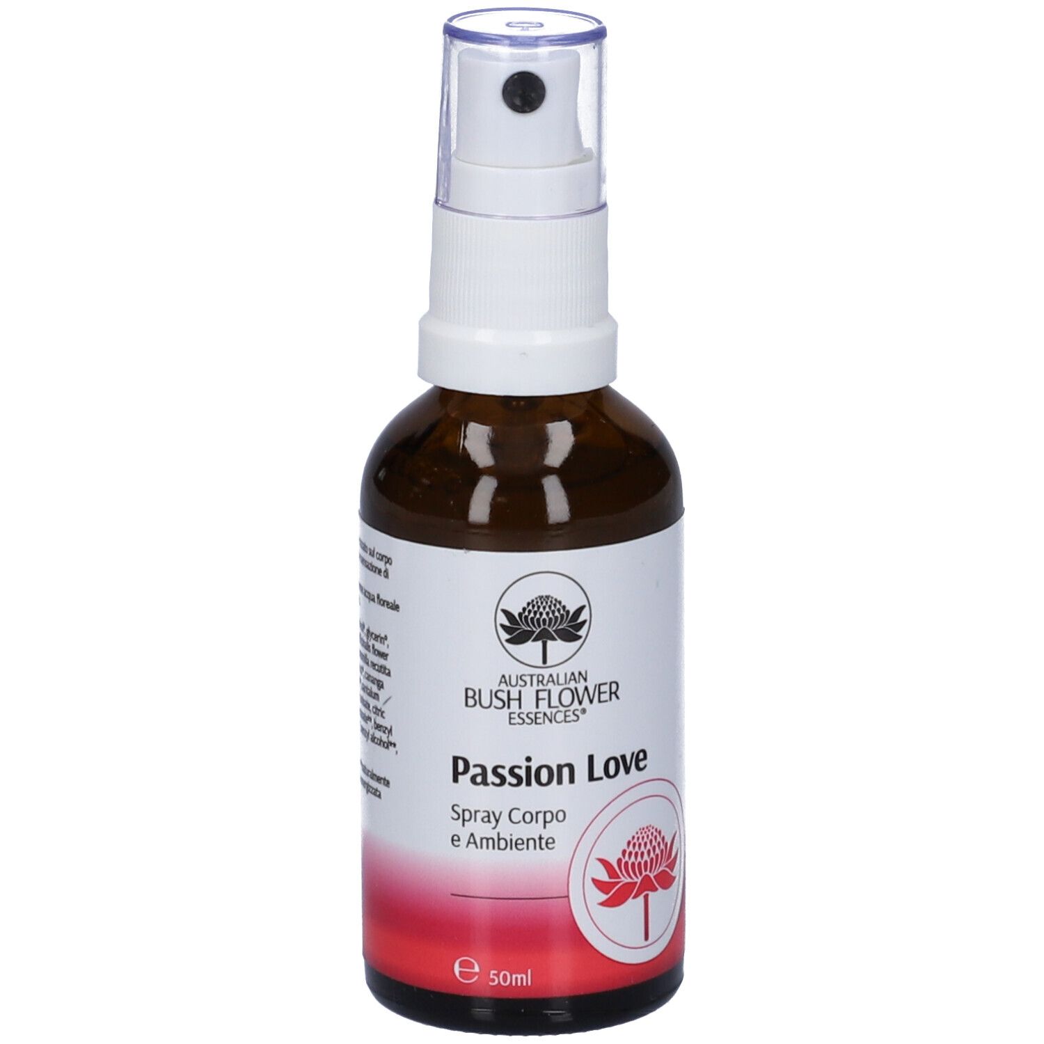 Flacone di vetro marrone con vaporizzatore. Scritta: Passion Love, Spray Corpo e Ambiente. Logo: Australian Bush Flower Essences.