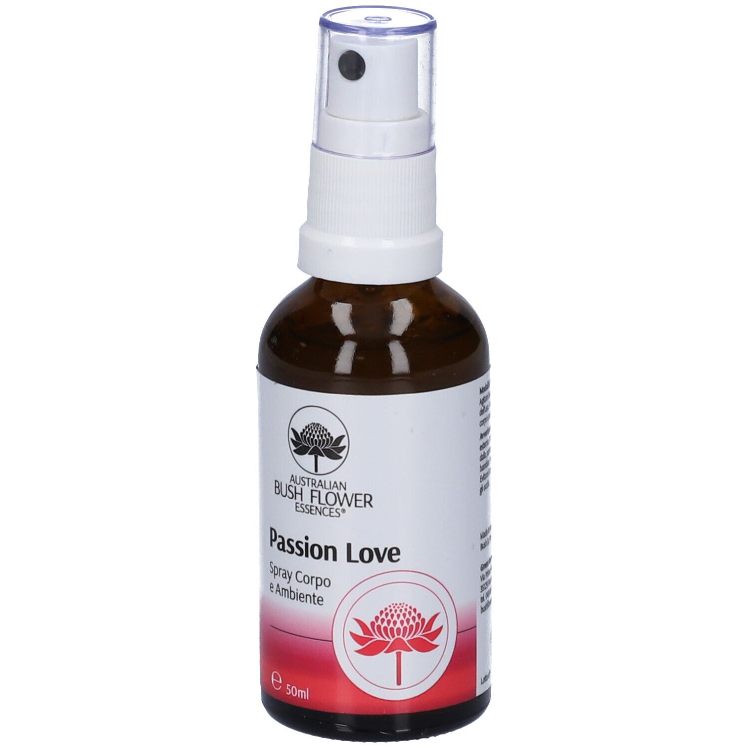 Flacone di vetro marrone con vaporizzatore. Scritta: Passion Love, Spray Corpo e Ambiente. Logo: Australian Bush Flower Essences.