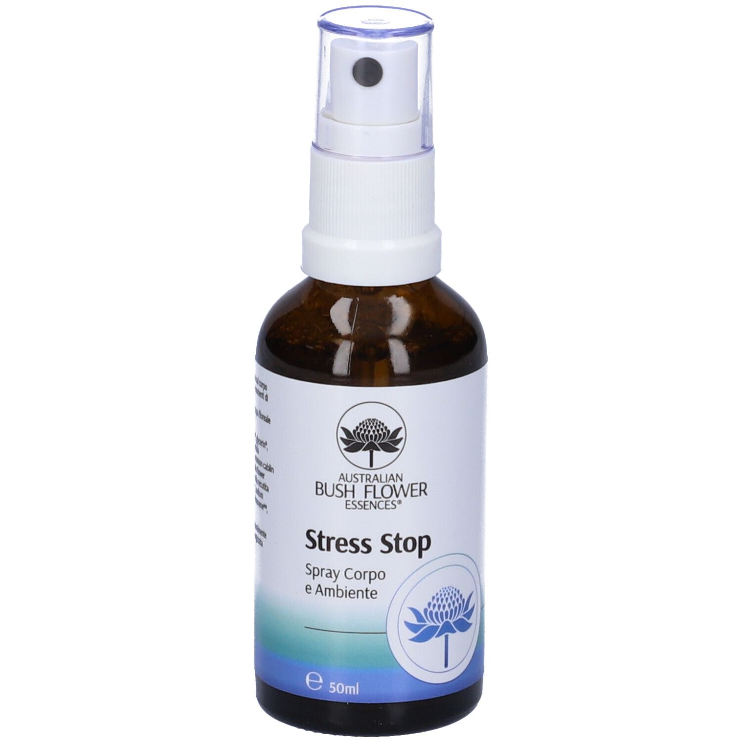 Flacone in vetro marrone con vaporizzatore. Scritta: Stress Stop, Spray Corpo e Ambiente. Logo floreale.