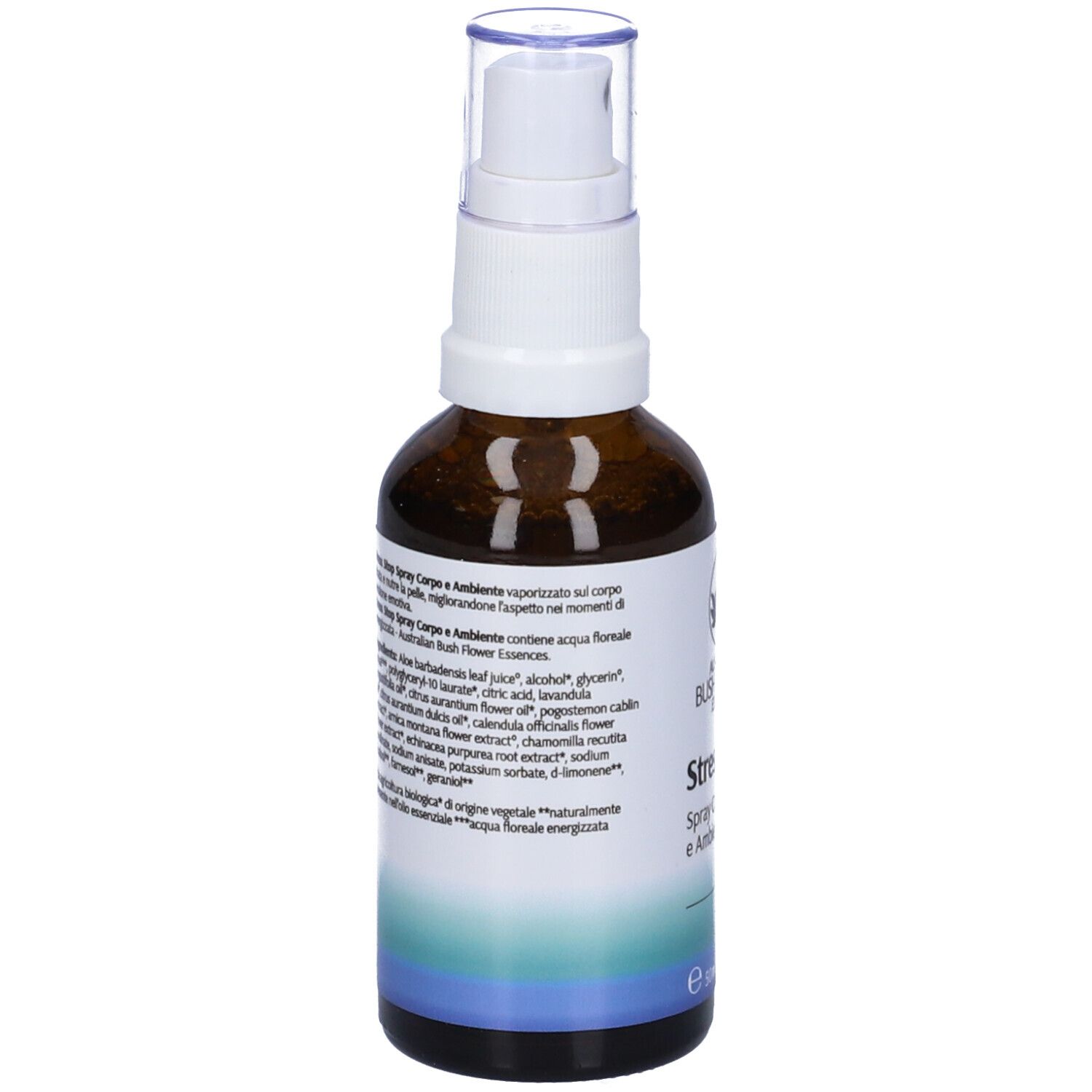 Flacone in vetro marrone con vaporizzatore. Testo e ingredienti sull'etichetta. Logo floreale.