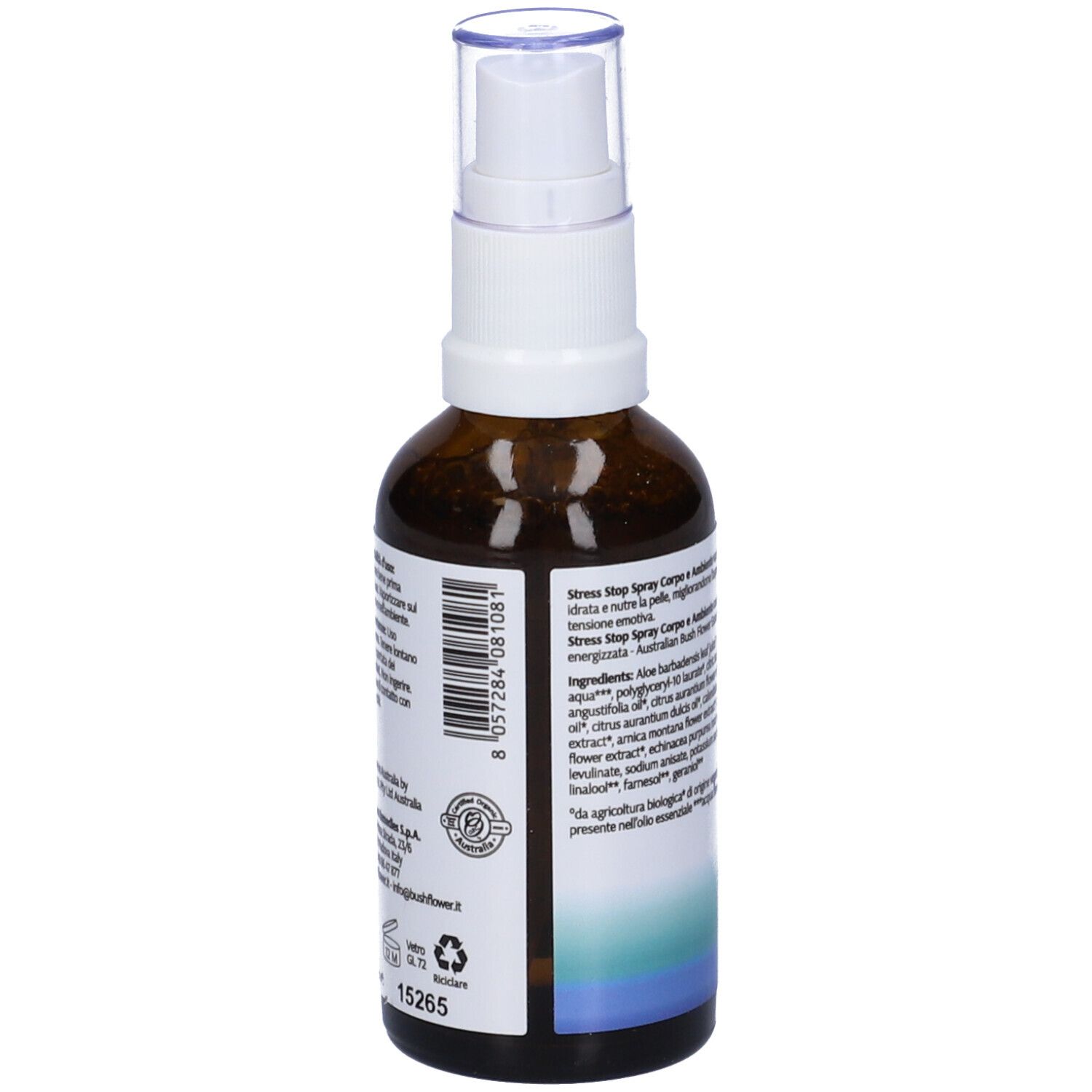 Flacone in vetro marrone con vaporizzatore. Etichetta con testo e codice a barre. Logo floreale.