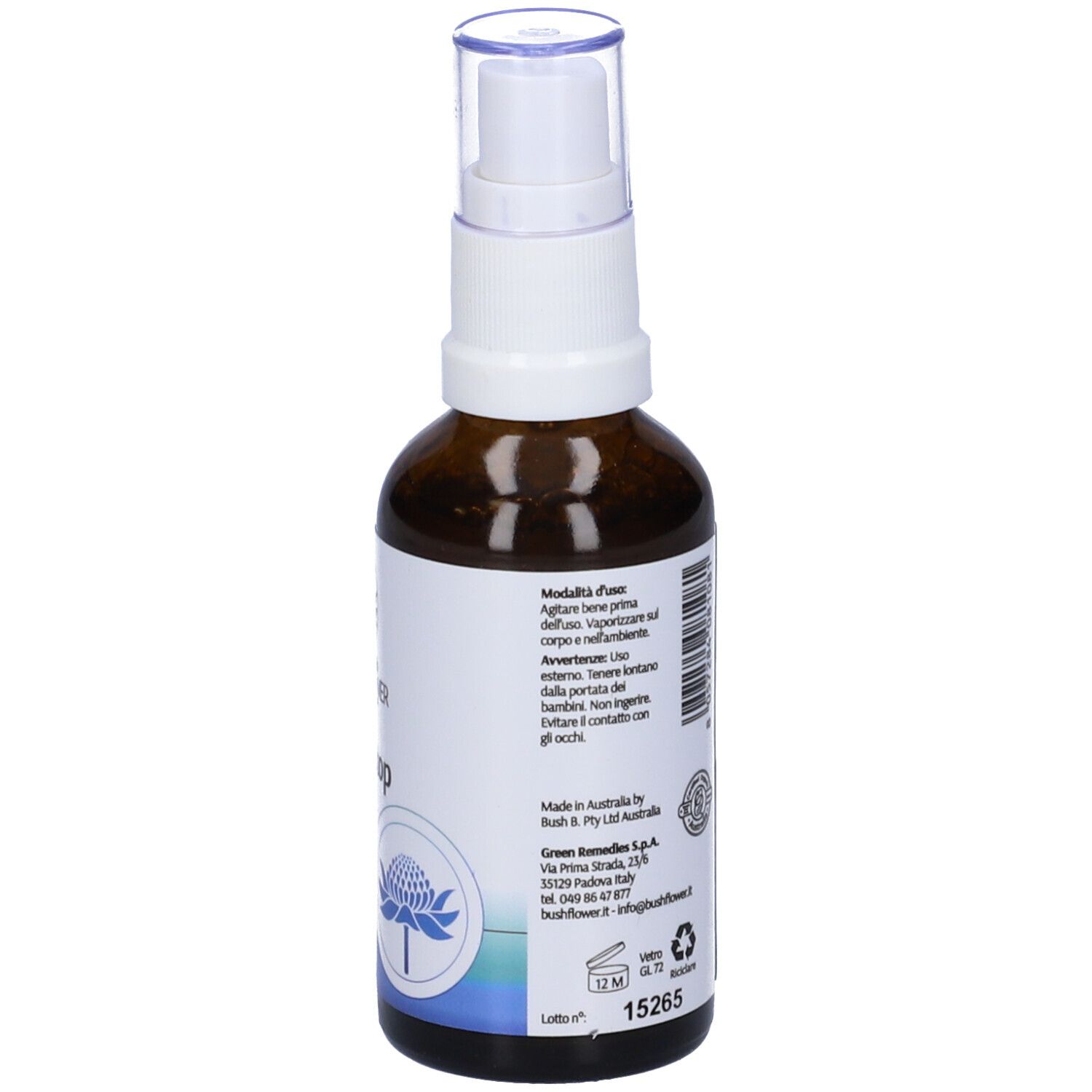 Flacone in vetro marrone con vaporizzatore. Scritta: Stress Stop, Spray Corpo e Ambiente. Logo floreale.