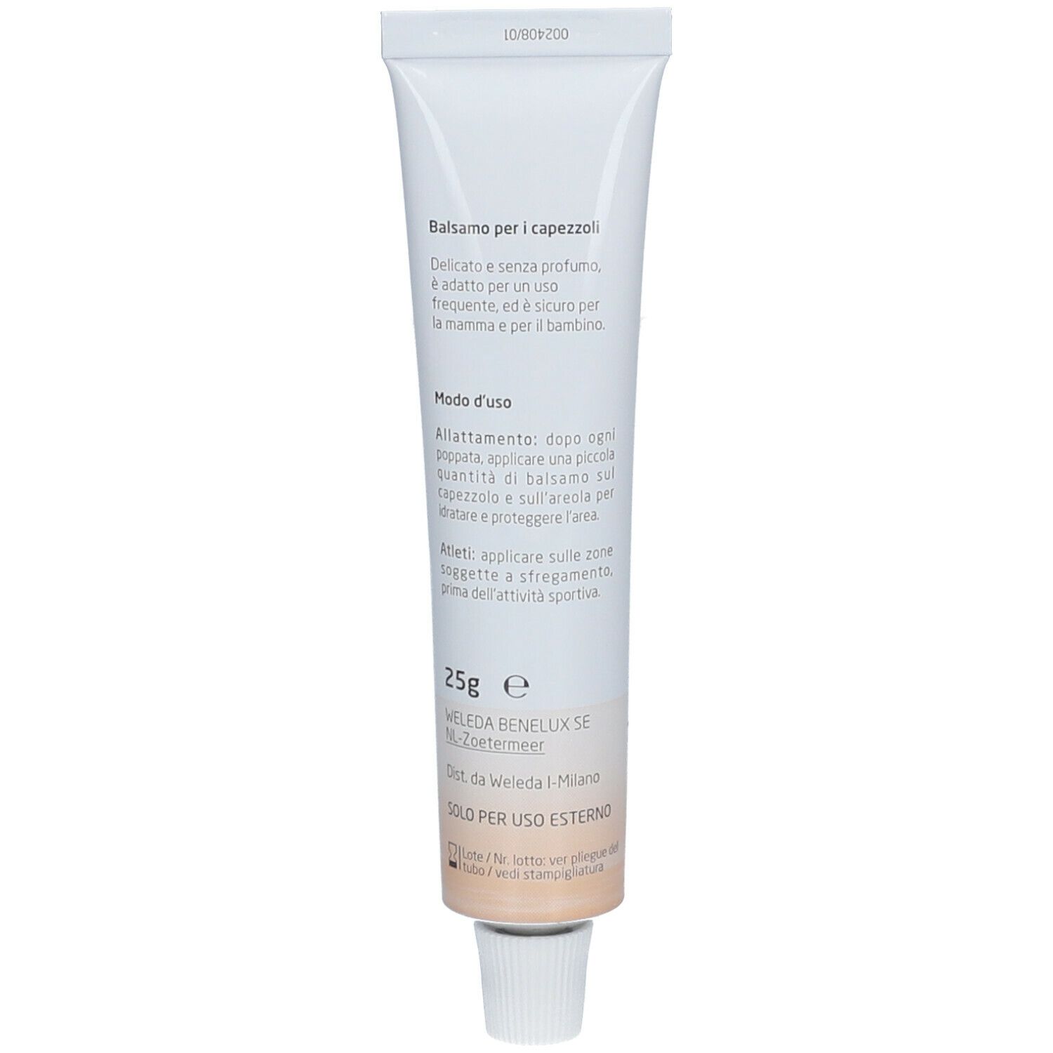 Tubo bianco con testo: Balsamo per i capezzoli, 25g e, Modo d'uso. Scritta: WELEDA BENELUX SE, SOLO PER USO ESTERNO.