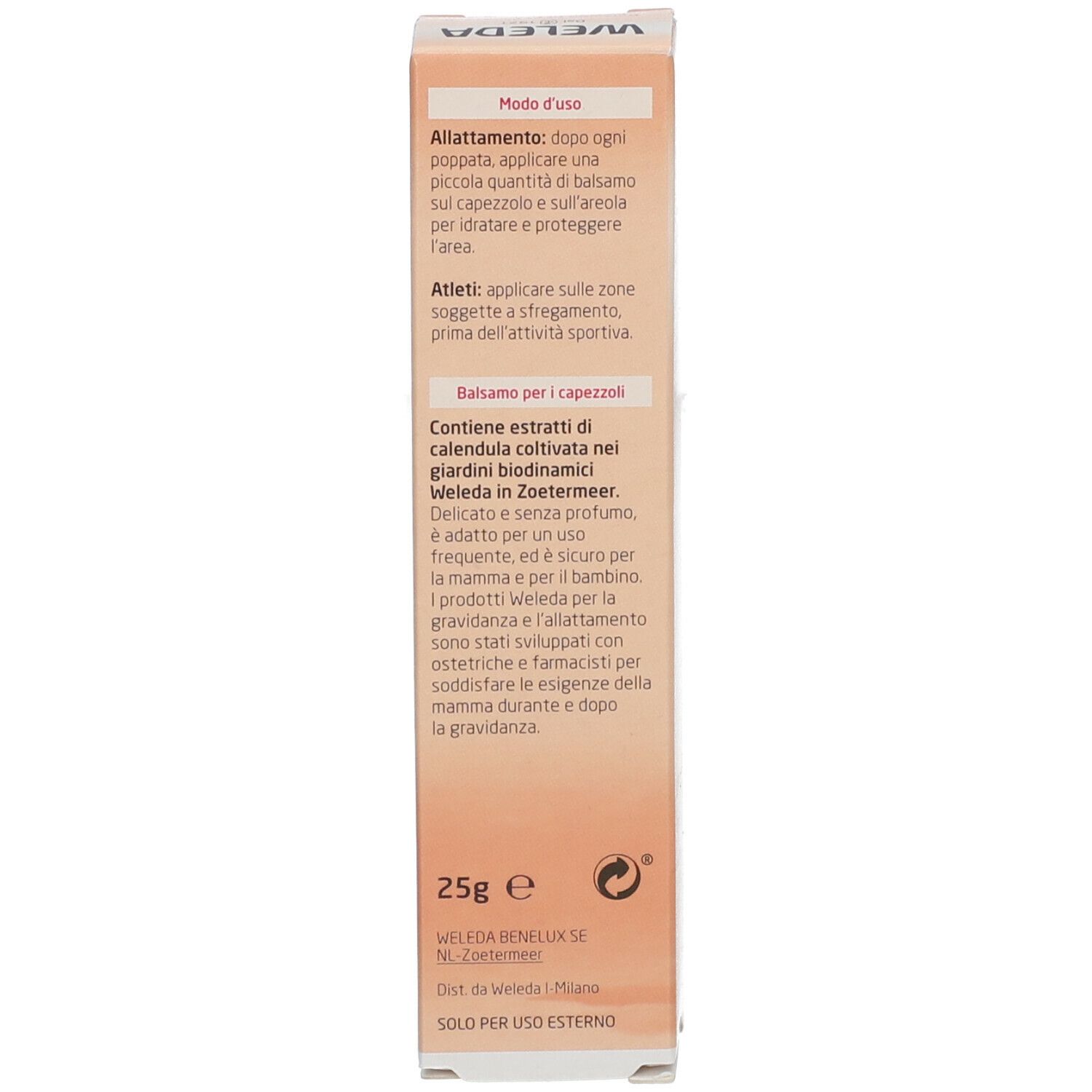 Confezione del prodotto, lato con testo: Modo d'uso, 25g e, WELEDA BENELUX SE. SOLO PER USO ESTERNO.