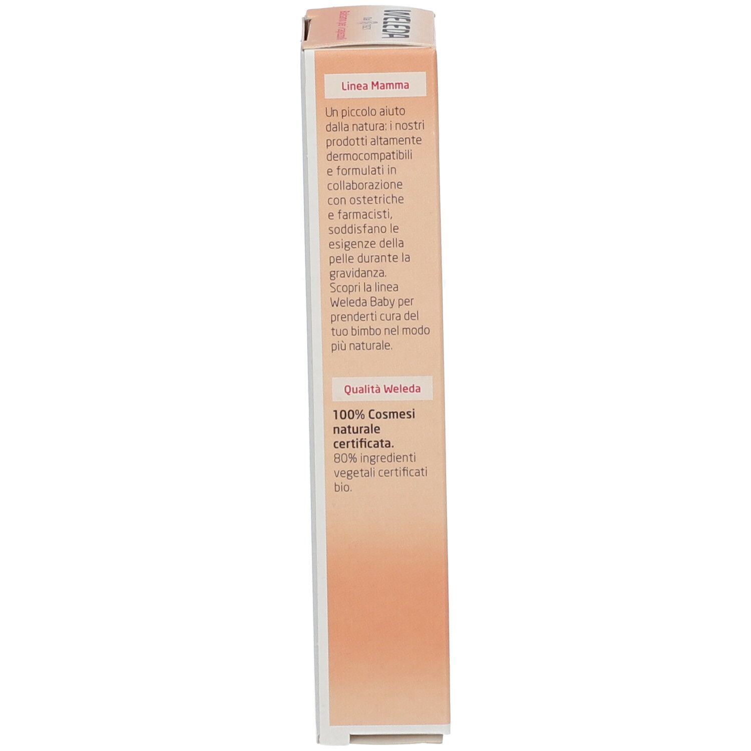 Confezione del prodotto, lato con testo: Linea Mamma, Qualità Weleda, 100% Cosmesi naturale certificata, 80% ingredienti vegetali bio.