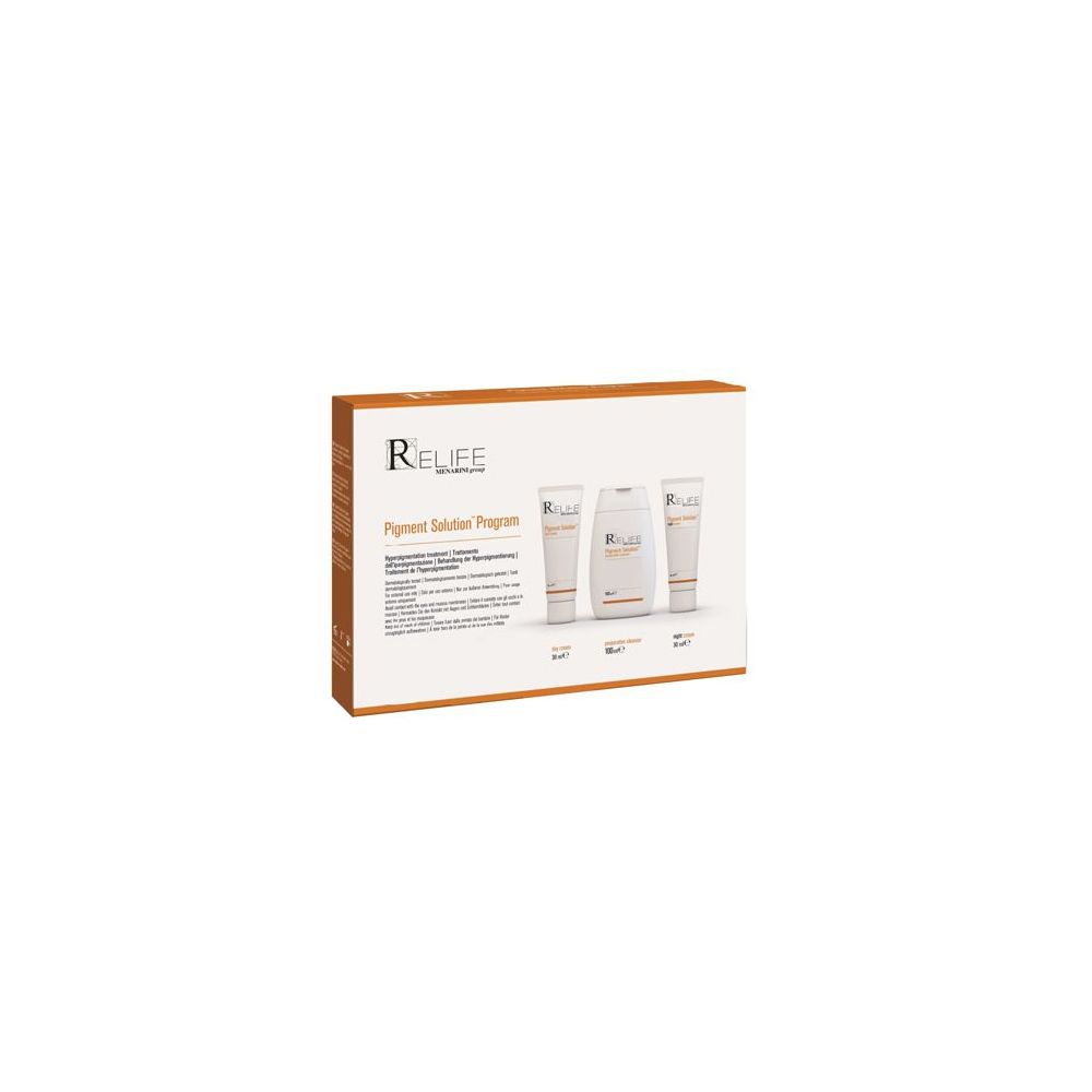 Scatola con tre prodotti. Scritta: RELIFE. Pigment Solution Program. Creme e detergente in tubi e flacone bianchi.