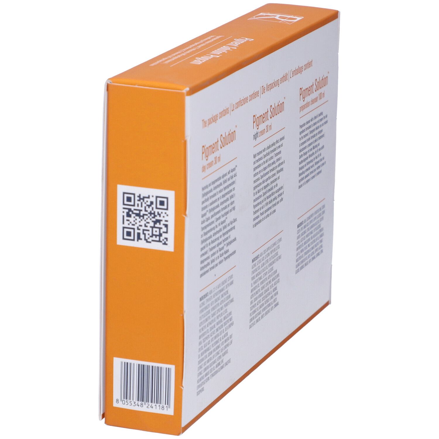 Vista laterale della confezione. Testo multilingue. Codice a barre e codice QR. Sfondo arancione.