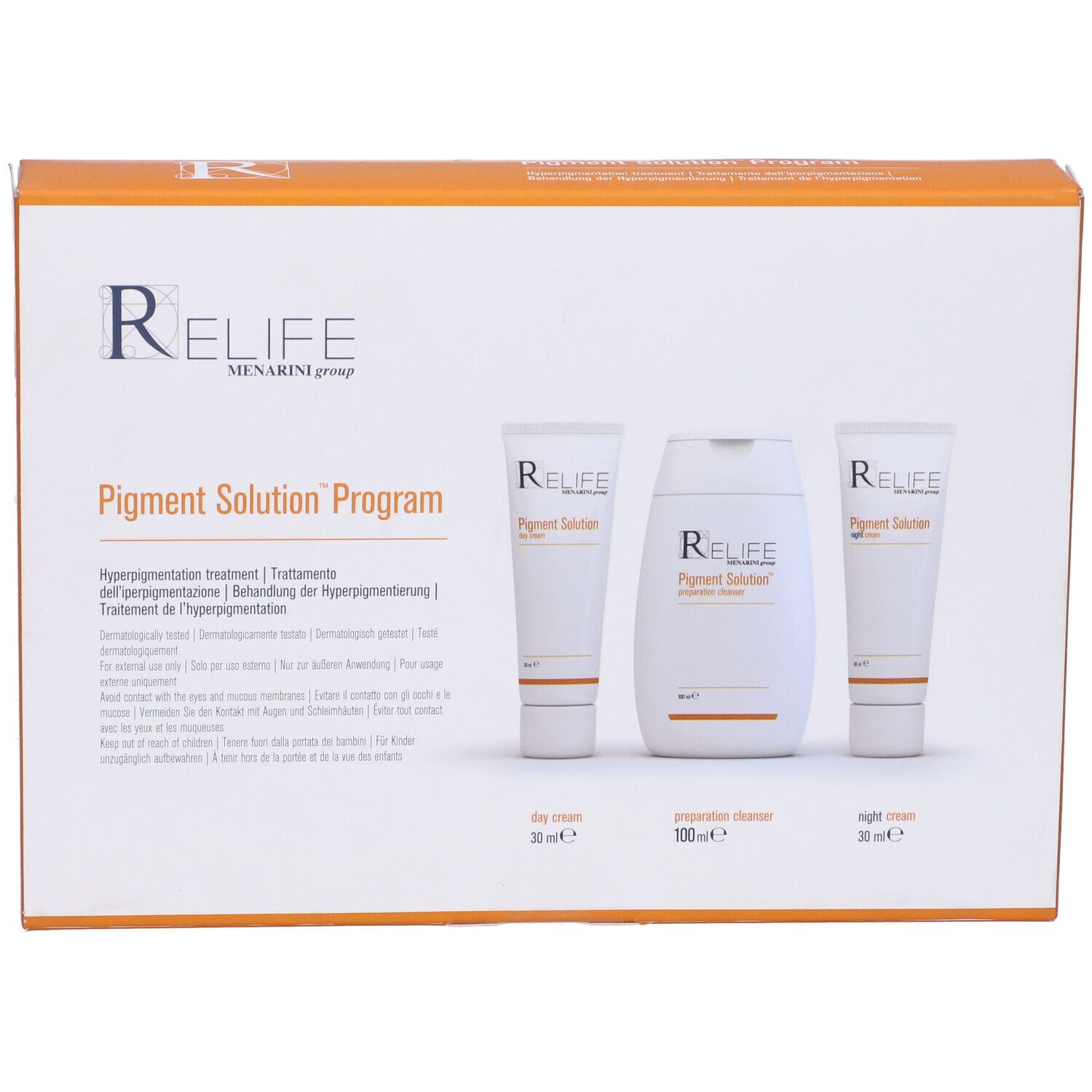 Scatola con RELIFE Pigment Solution Program. Tre prodotti: crema giorno, detergente, crema notte. Tubi e flacone bianchi.