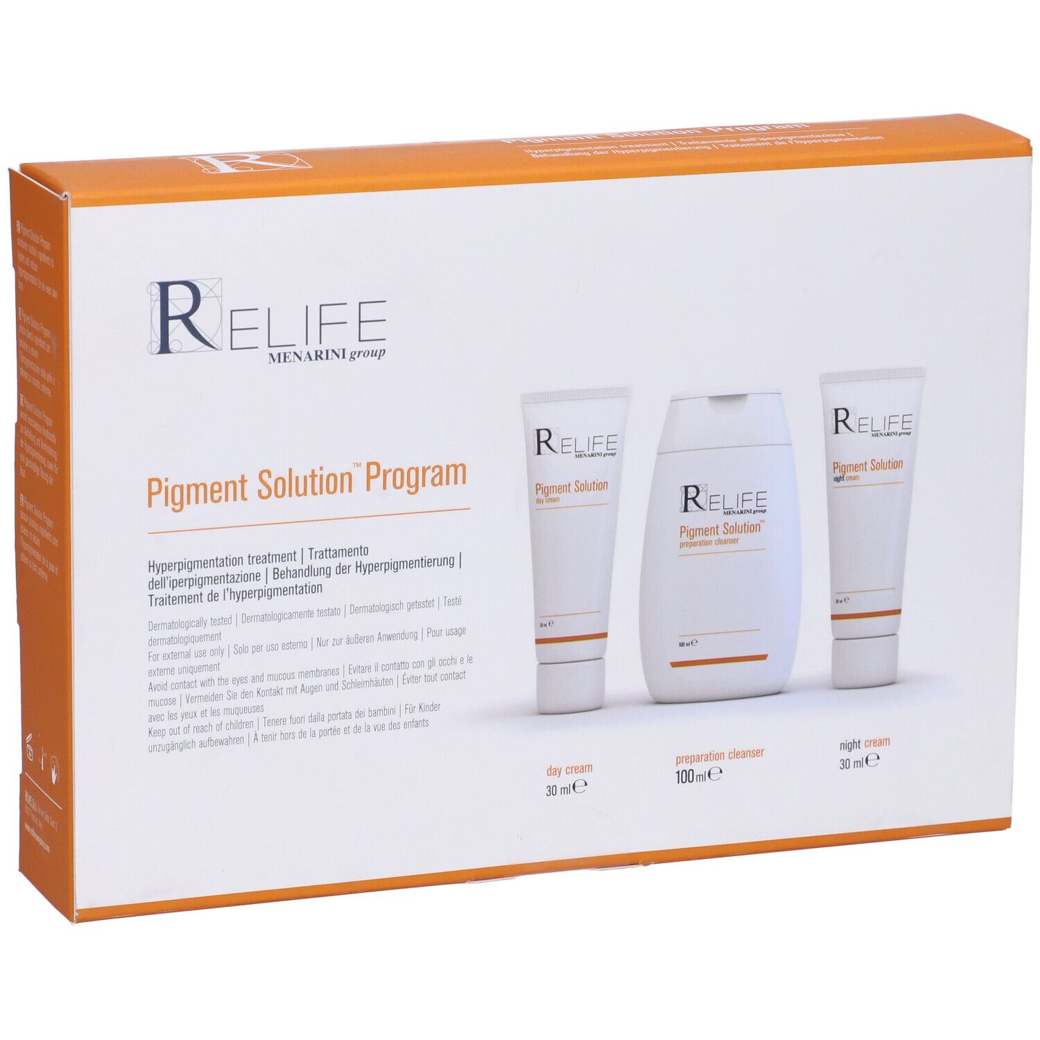 Scatola con RELIFE Pigment Solution Program. Tre prodotti: crema giorno, detergente, crema notte. Tubi e flacone bianchi.