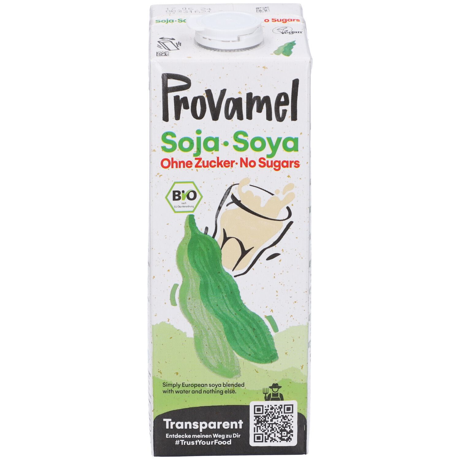 Confezione di Provamel Soya Drink. Scritta: Soya-Soya, senza zuccheri. Marchio biologico e immagine di fagioli di soia.