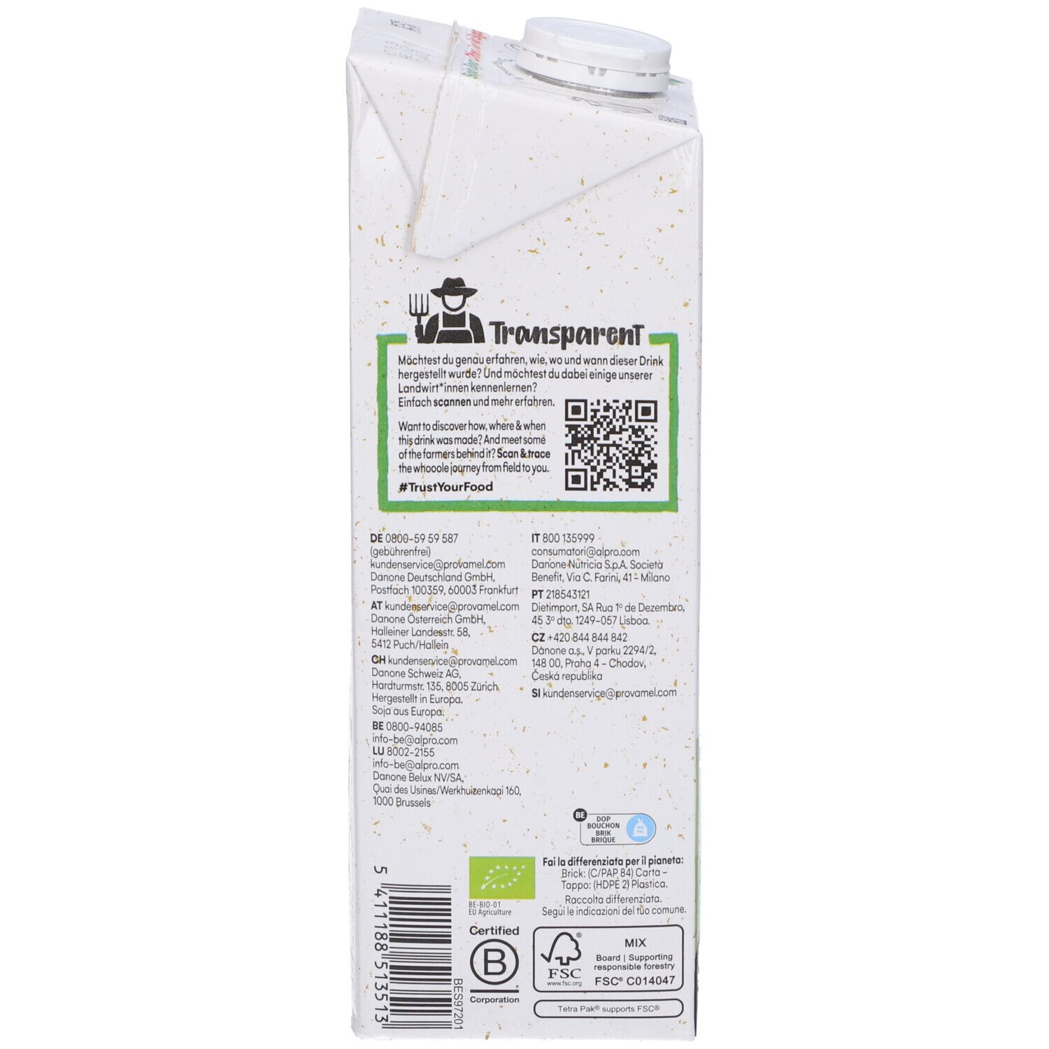 Retro della confezione Provamel Soya Drink. Informazioni testuali, codice QR, marchio biologico, certificazione FSC e altri dettagli.