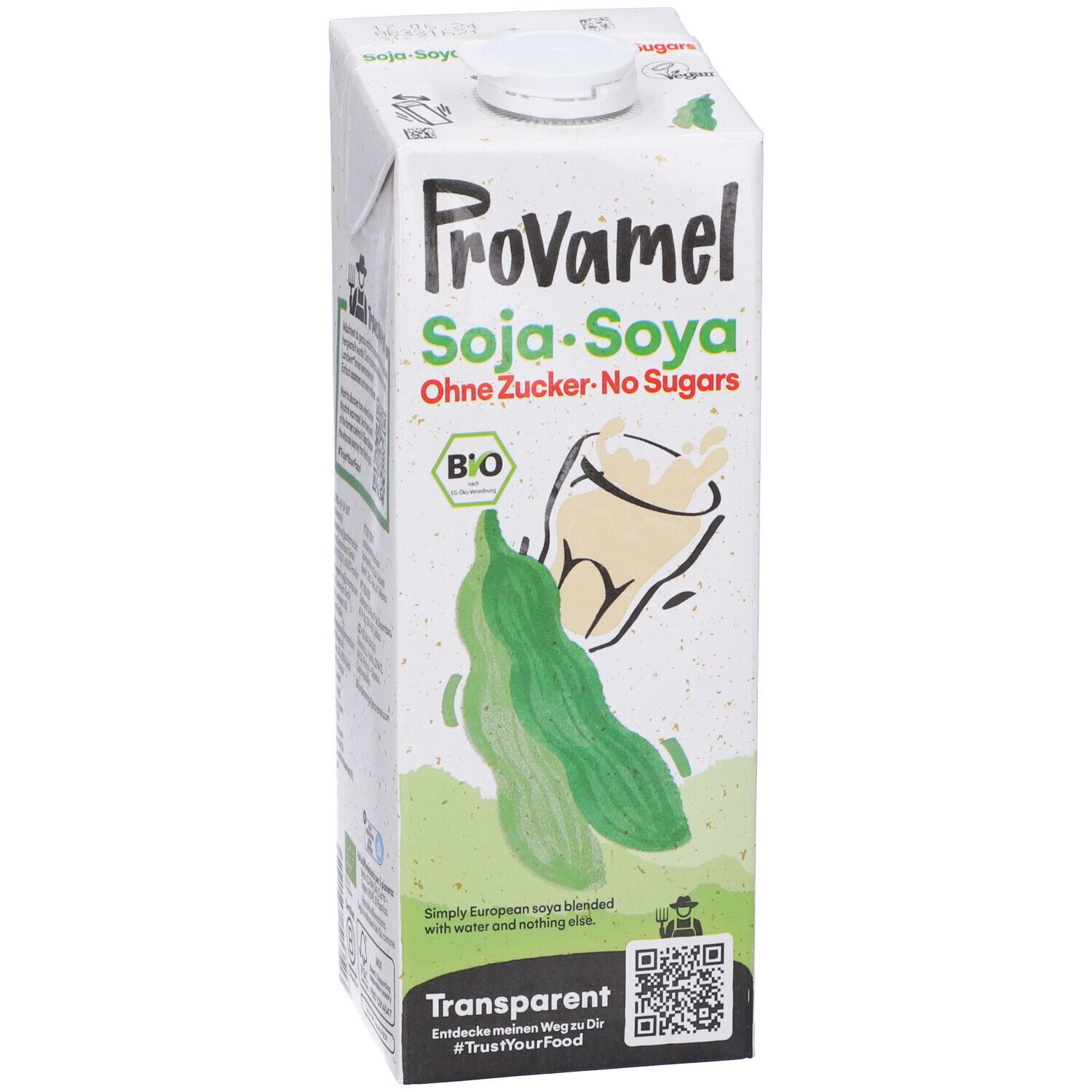Confezione di Provamel Soya Drink. Scritta: Soya-Soya, senza zuccheri. Marchio biologico e immagine di fagioli di soia.