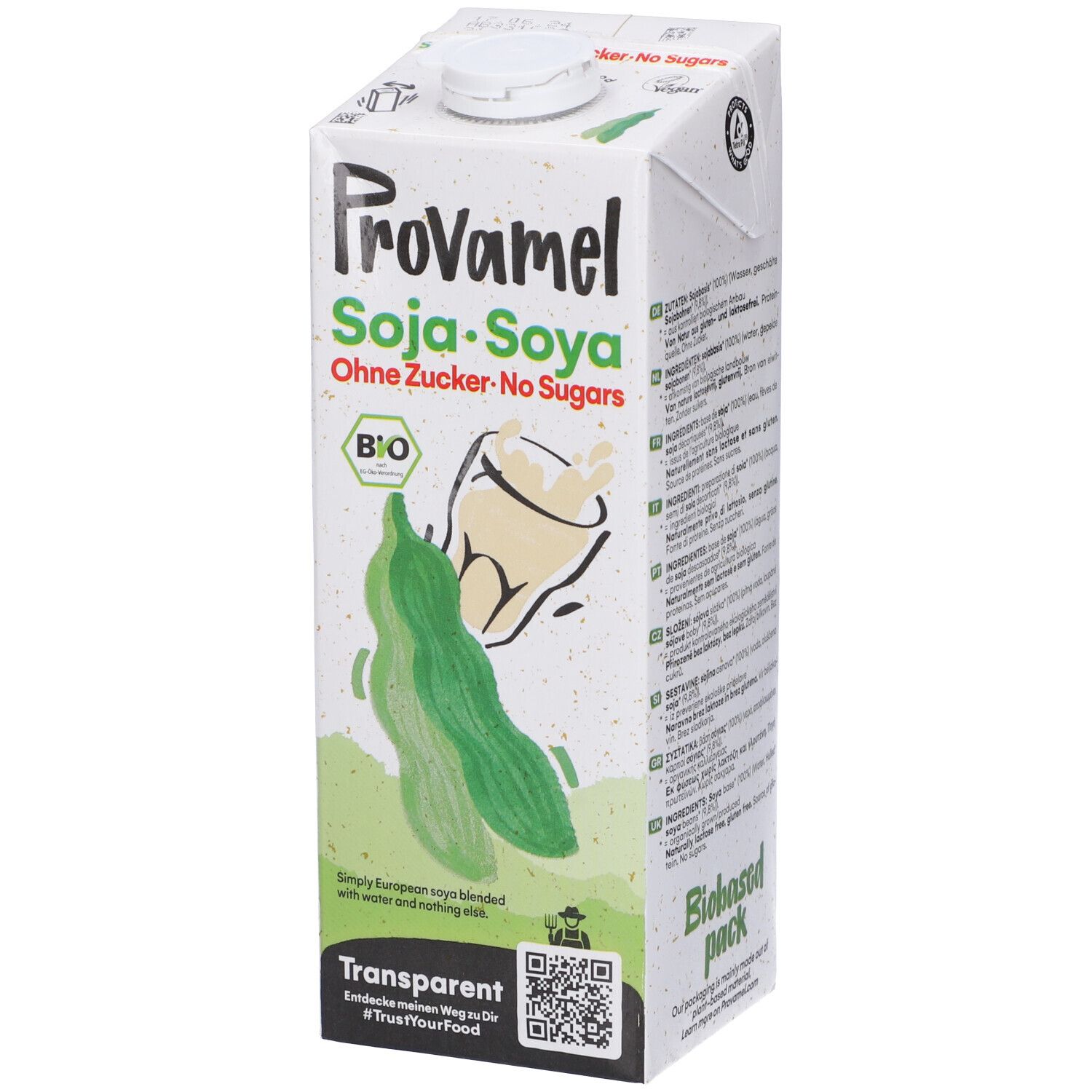 Confezione di Provamel Soya Drink. Scritta: Soya-Soya, senza zuccheri. Marchio biologico e immagine di fagioli di soia.
