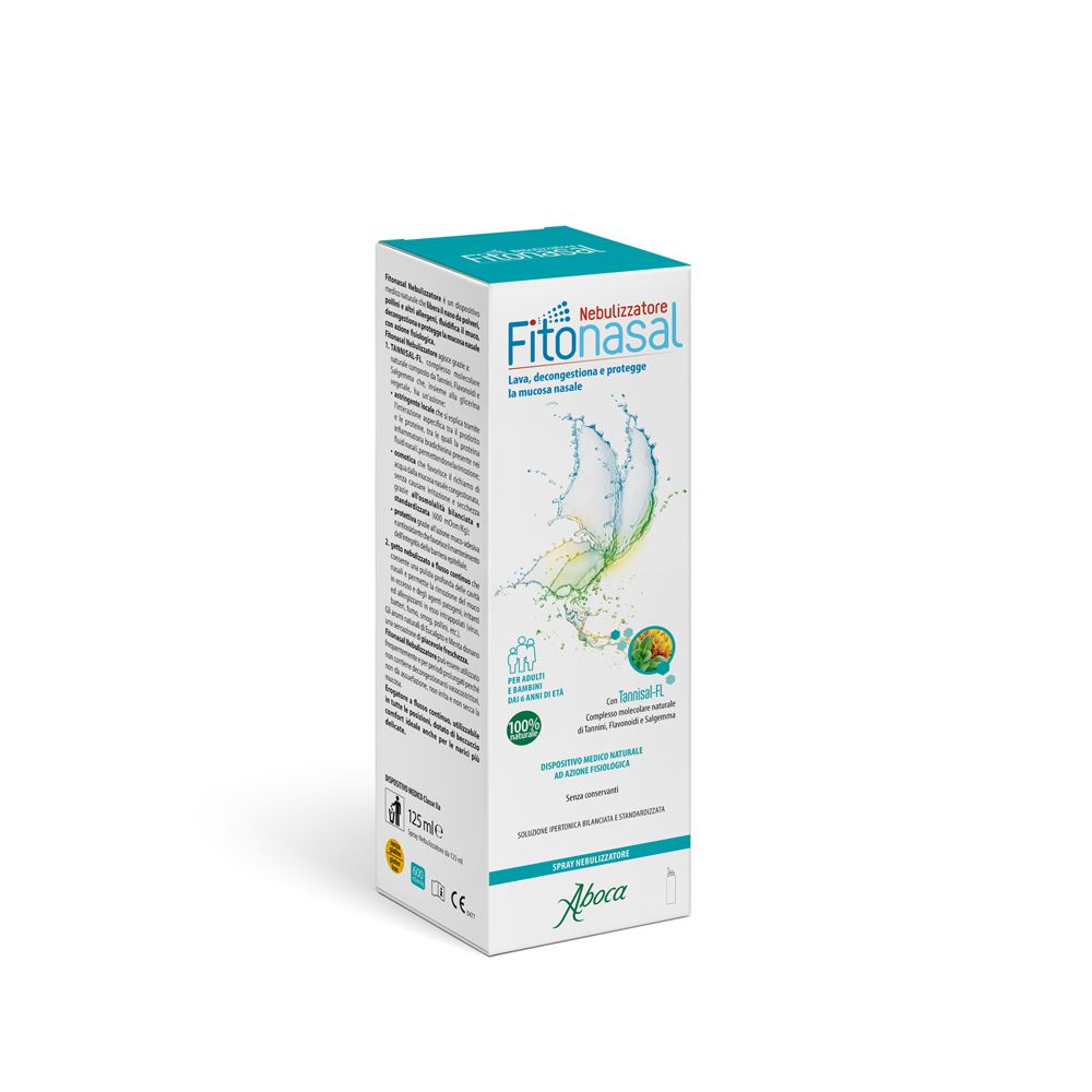 Confezione Aboca® Fitonasal Nebulizzatore. Bianca, blu e verde. Testo: Fitonasal, Nebulizzatore, Aboca. 125 ml.