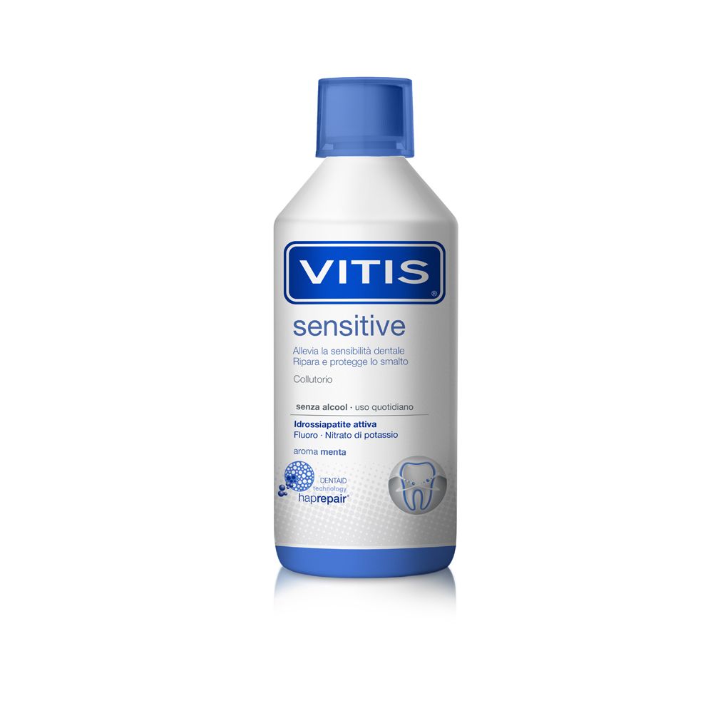 Flacone bianco con tappo blu. Scritta: VITIS sensitive. Contiene informazioni e un simbolo dentale.