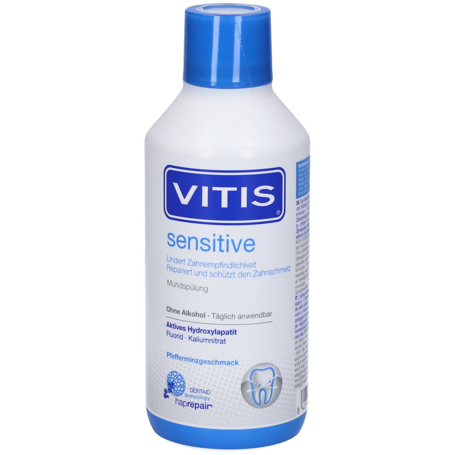 Flacone bianco con tappo blu. Scritta: VITIS sensitive. Contiene informazioni e un simbolo dentale.